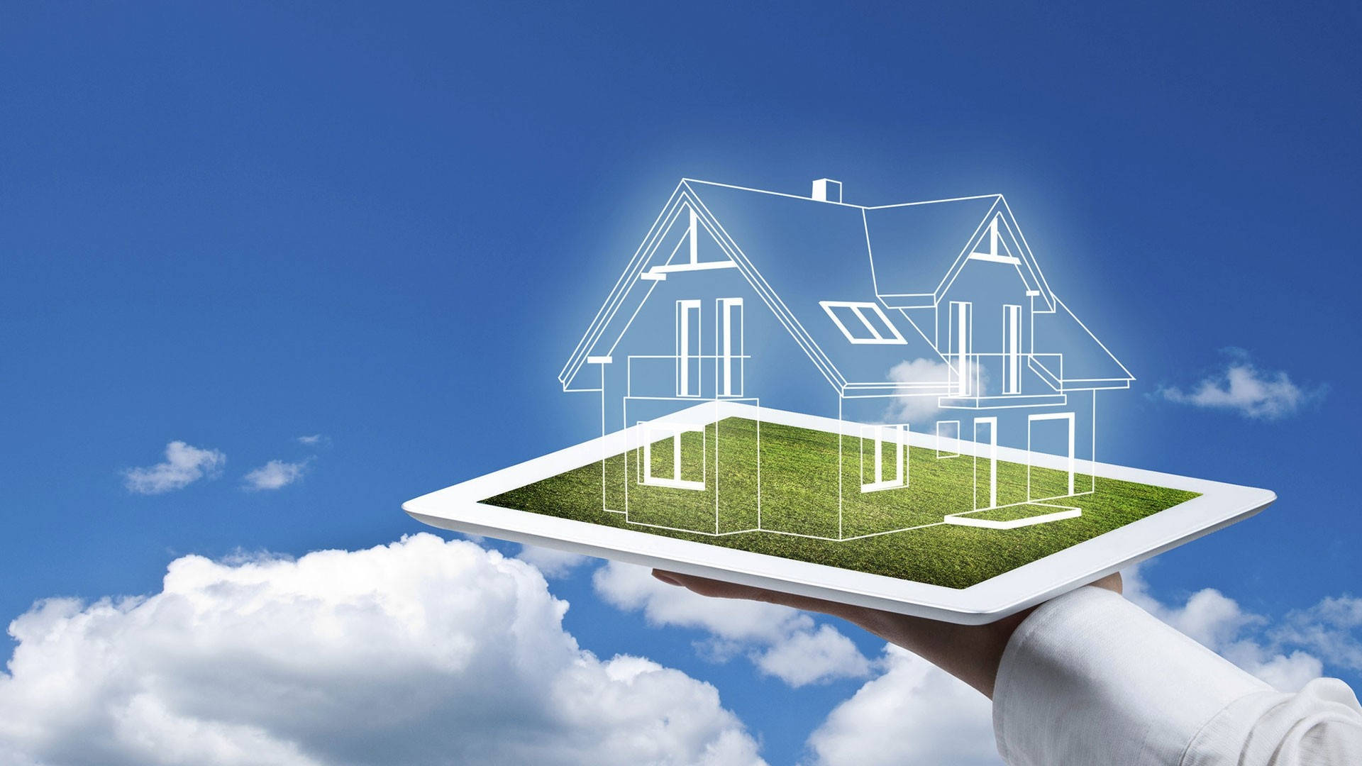 real estate property hologram, glowing house blueprint, grassy yard, Full HD Desktop Wallpaper