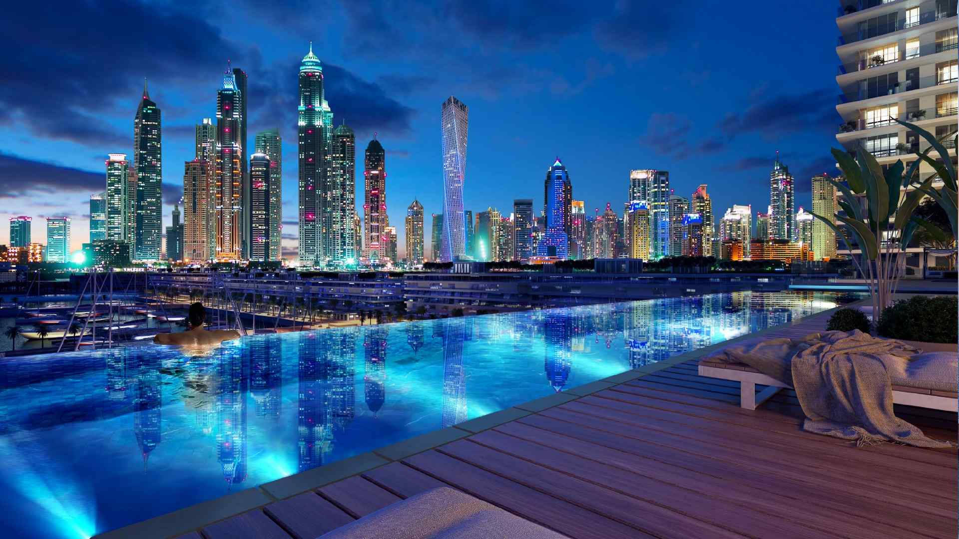 infinity pool, dusk, futuristic city skyline, Full HD Desktop Wallpaper