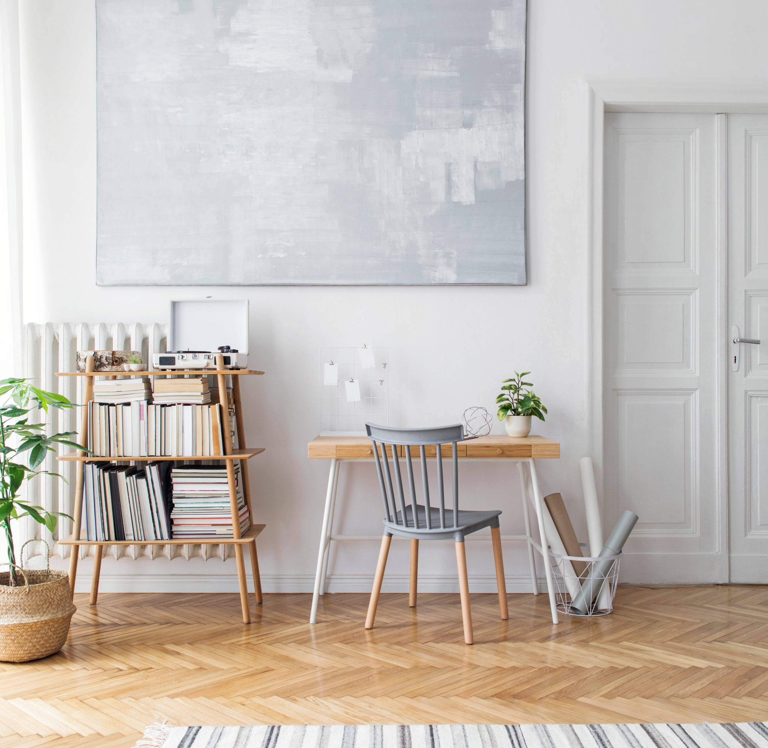 Scandinavian home office, wooden desk, chair, 2K Desktop Wallpaper