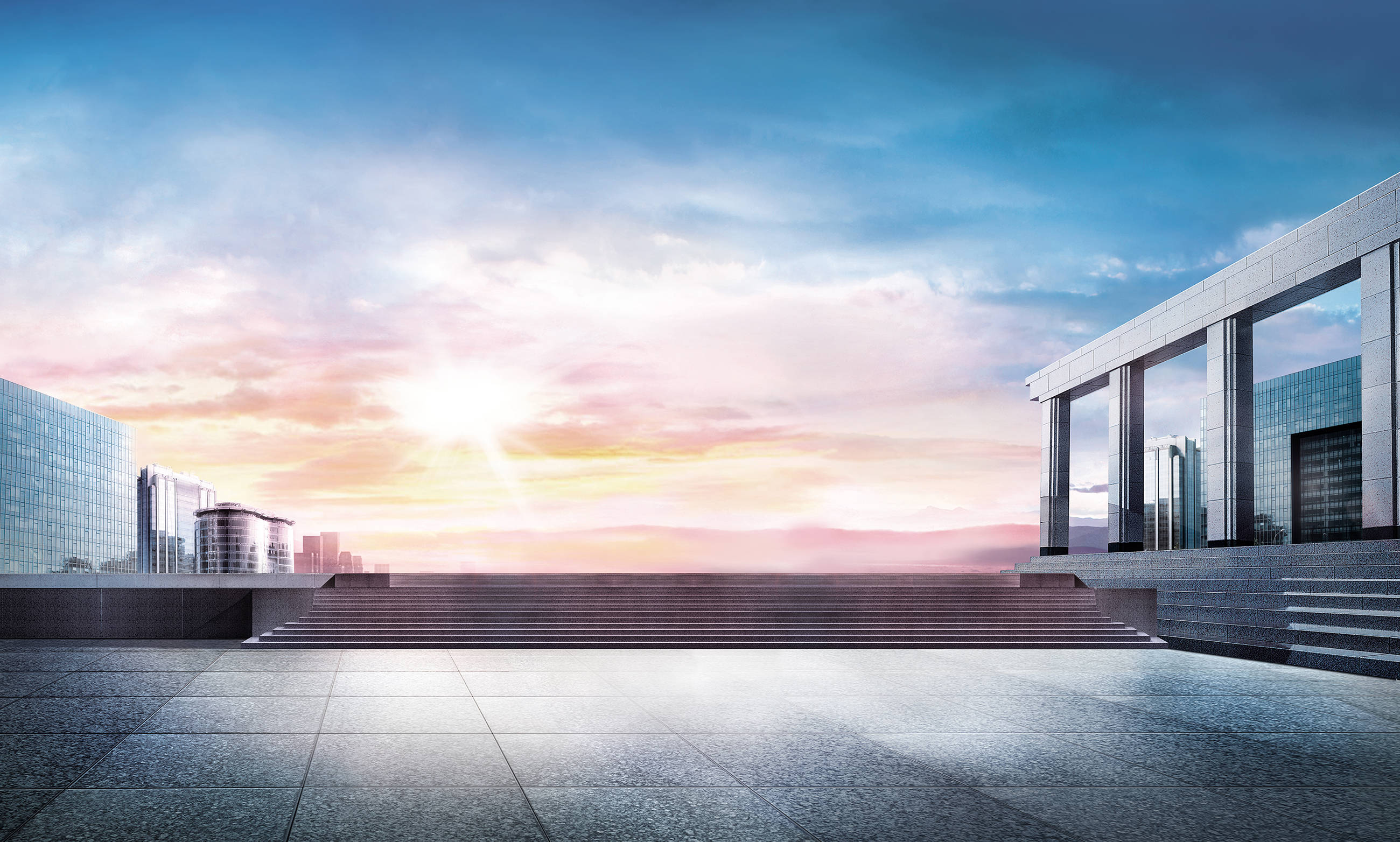 Modern glass and stone architecture, warm sunset glow, vibrant sky, 2K Desktop Wallpaper