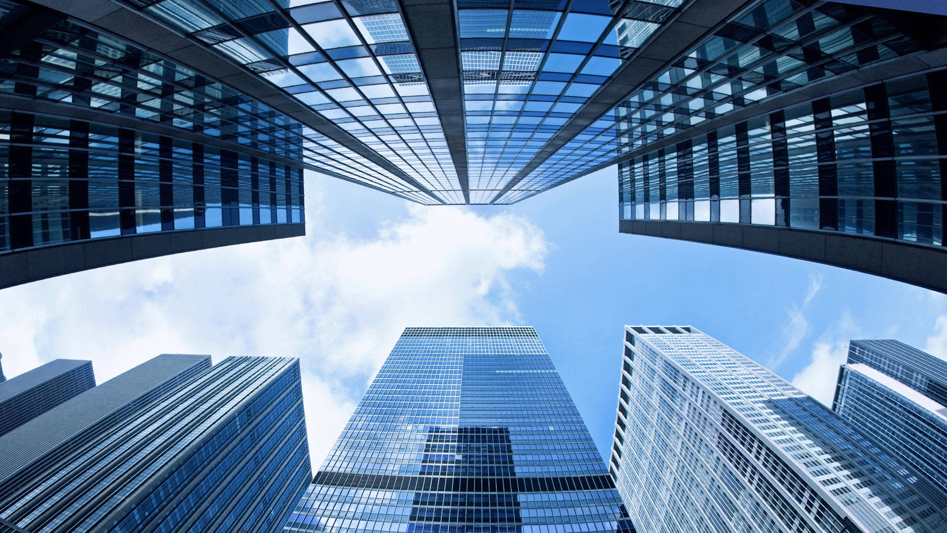 real estate, glass skyscrapers, bright blue sky, Full HD Desktop Wallpaper