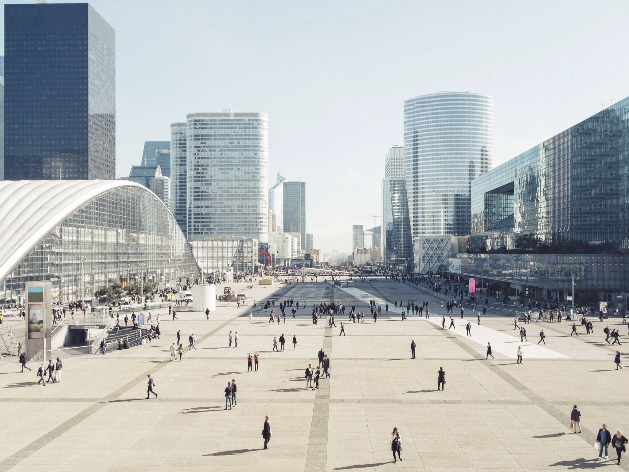 modern glass and steel skyscrapers, urban plaza, sunlit, Full HD Desktop Wallpaper