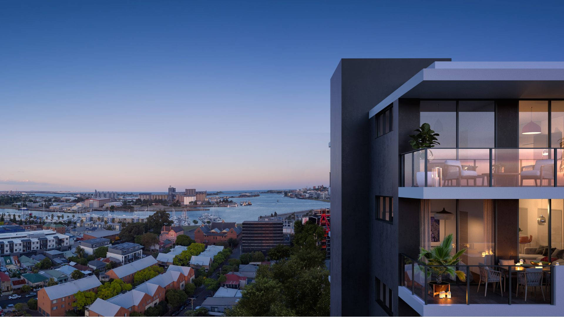 Modern apartment building, harbor, twilight, Full HD Desktop Wallpaper