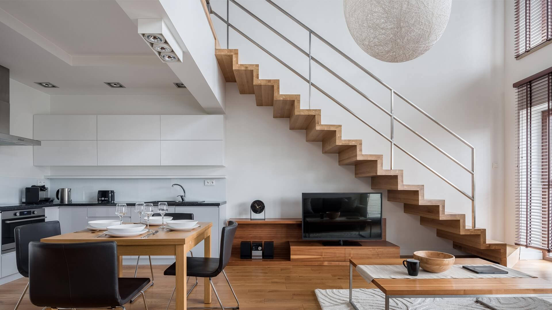 contemporary interior design, open-plan apartment, wooden staircase, Full HD Desktop Wallpaper