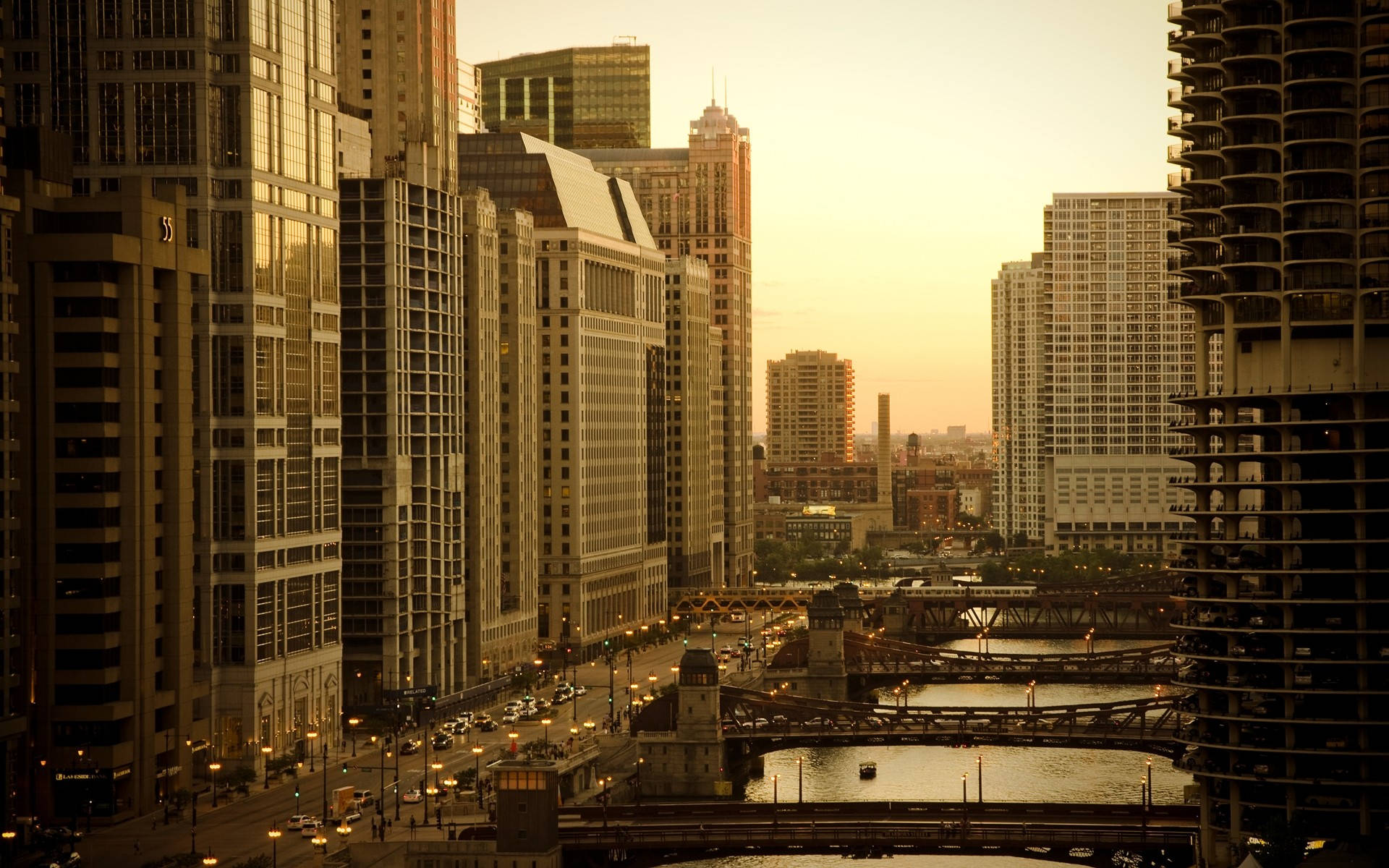 Golden hour, skyscrapers, bridges, Full HD Desktop Wallpaper