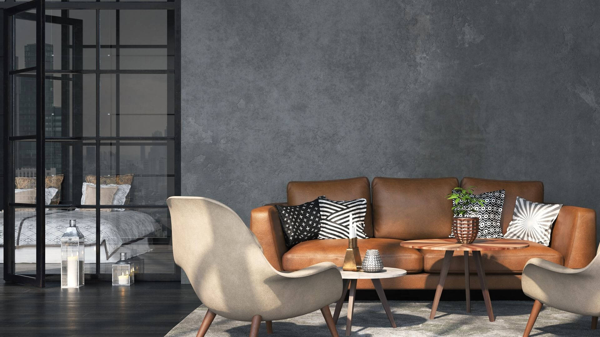brown leather sofa, patterned pillows, beige chairs, Full HD Desktop Wallpaper