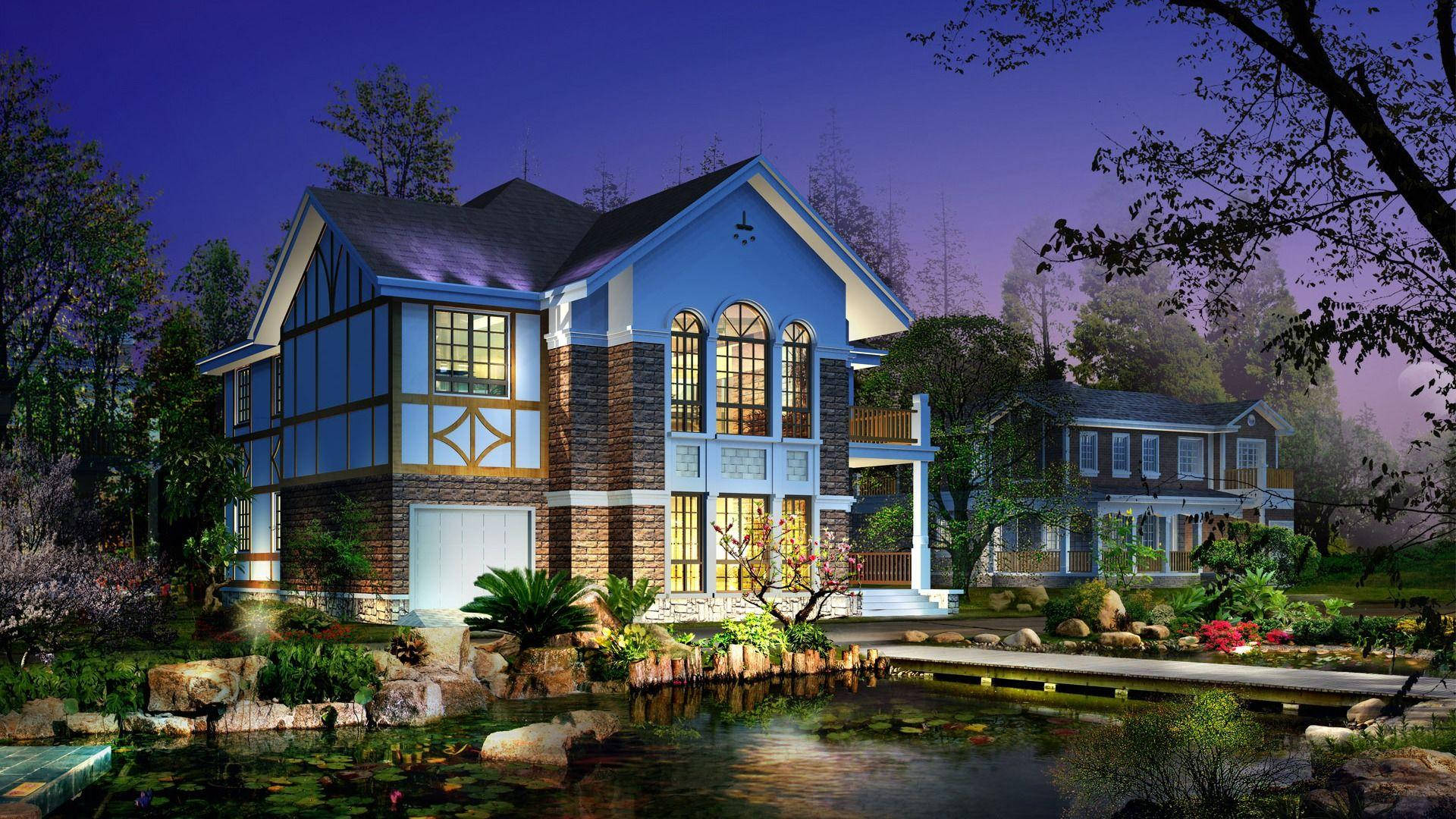 Tudor-style house, blue and stone, glows warmly at night, Full HD Desktop Wallpaper
