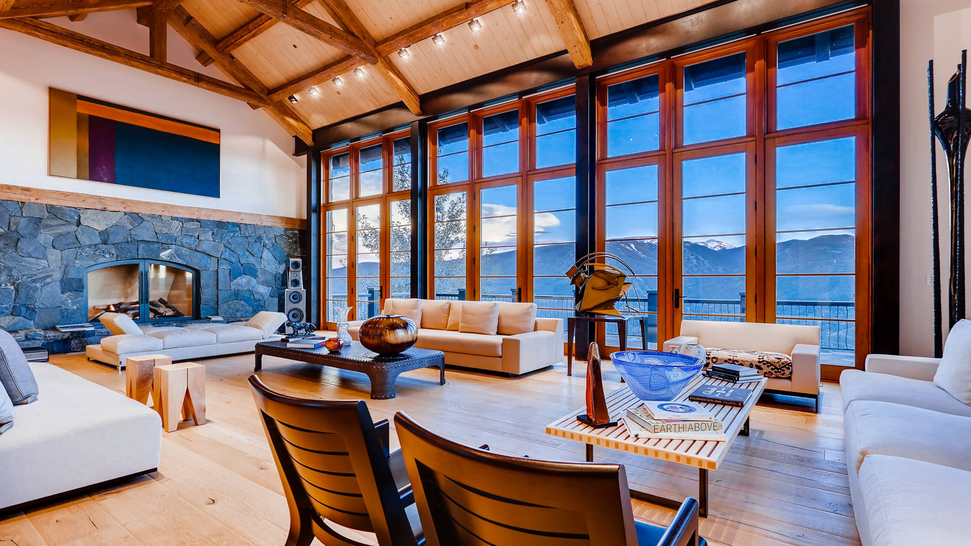 mountain lodge, stone fireplace, wooden beams, Full HD Desktop Wallpaper
