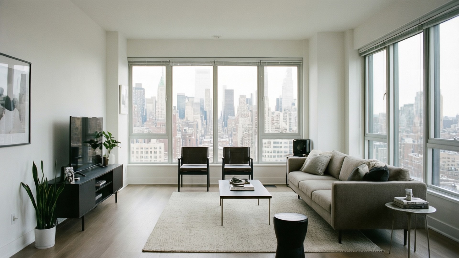City Apartment Minimal, modern minimalist living room, large windows, Full HD Desktop Wallpaper