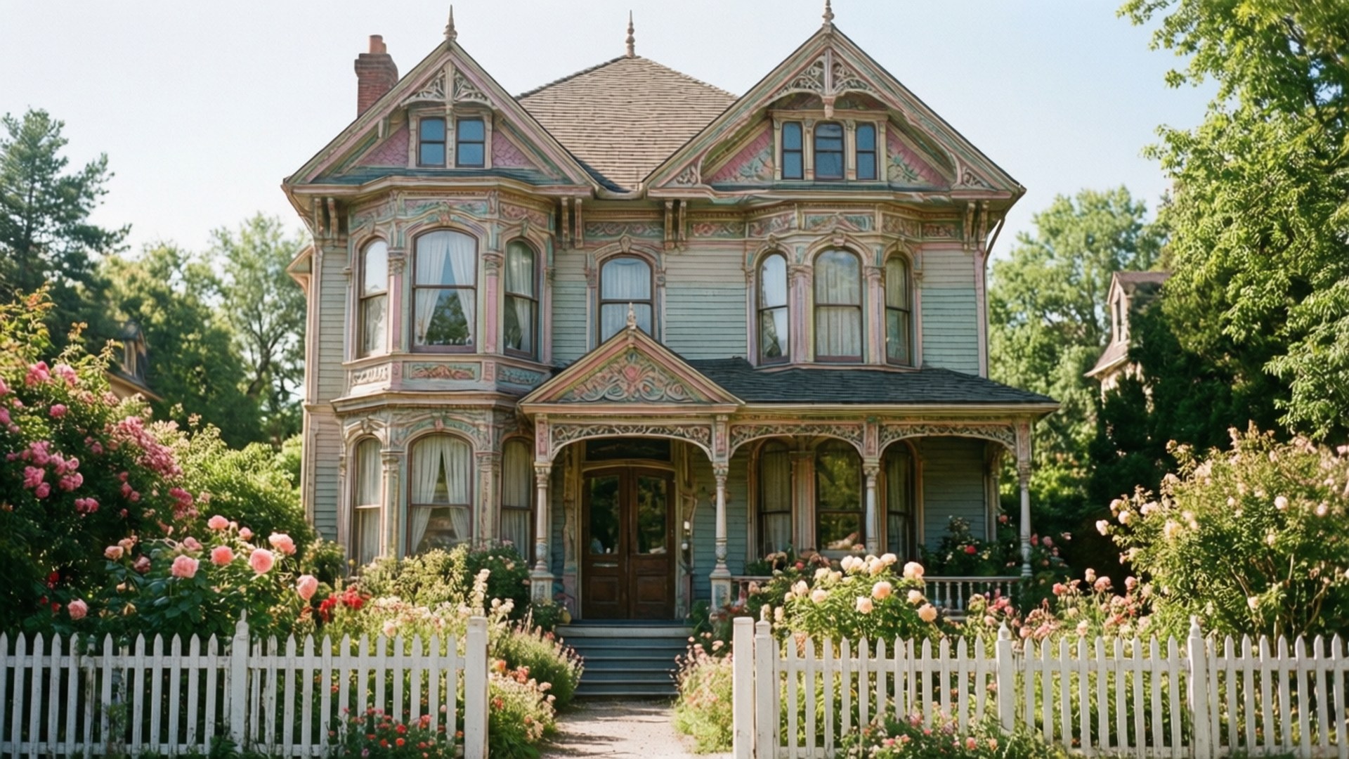 Victorian-style house, pastel green siding, ornate woodwork, Full HD Desktop Wallpaper