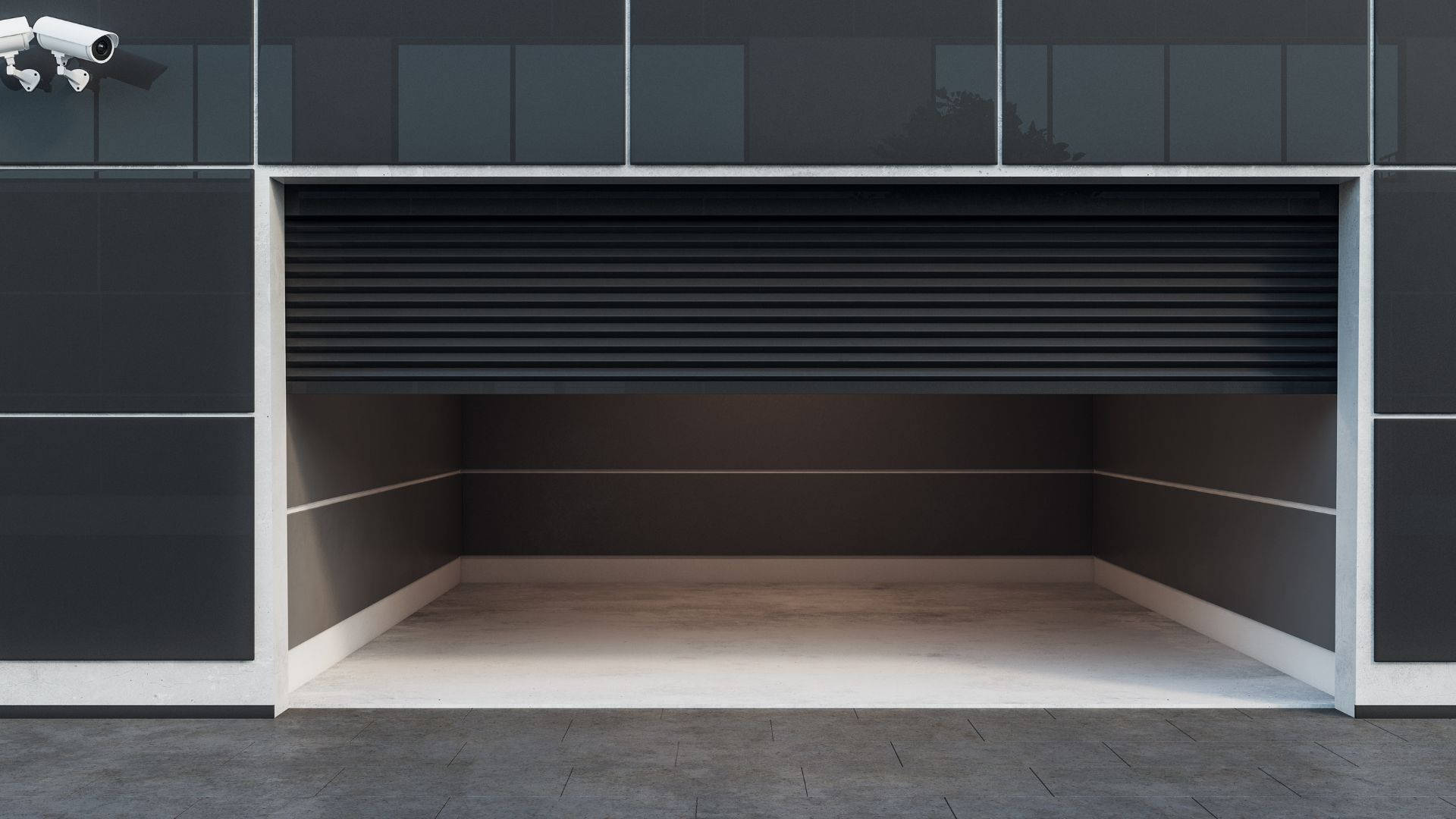 modern minimalist garage, black roller door, security cameras, Full HD Desktop Wallpaper