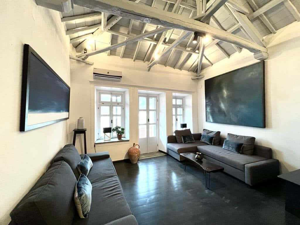 riverside house, sunset, modern living room, SD Desktop Wallpaper