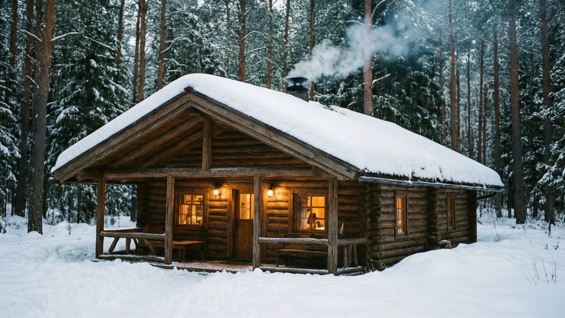 snow-covered wooden cabin, pine forest, warm glow from within, Full HD Desktop Wallpaper