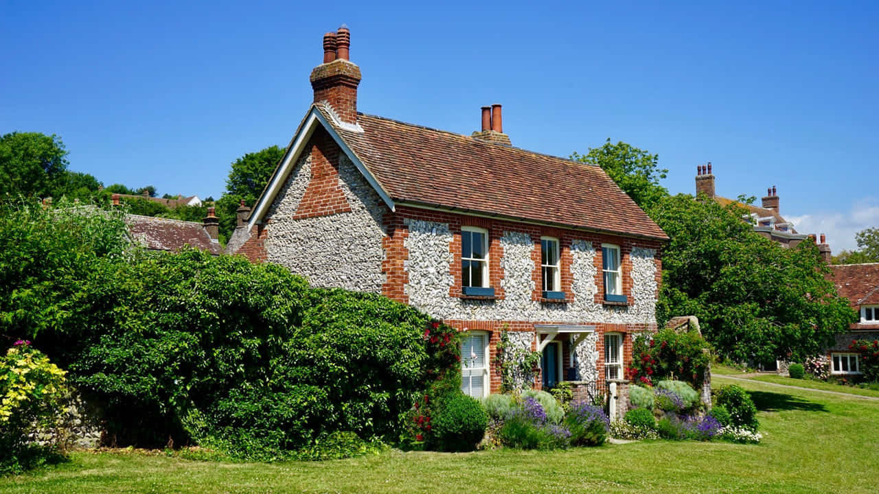 elegant suburban house, stone and brick cottage, blue window frames, HD Desktop Wallpaper