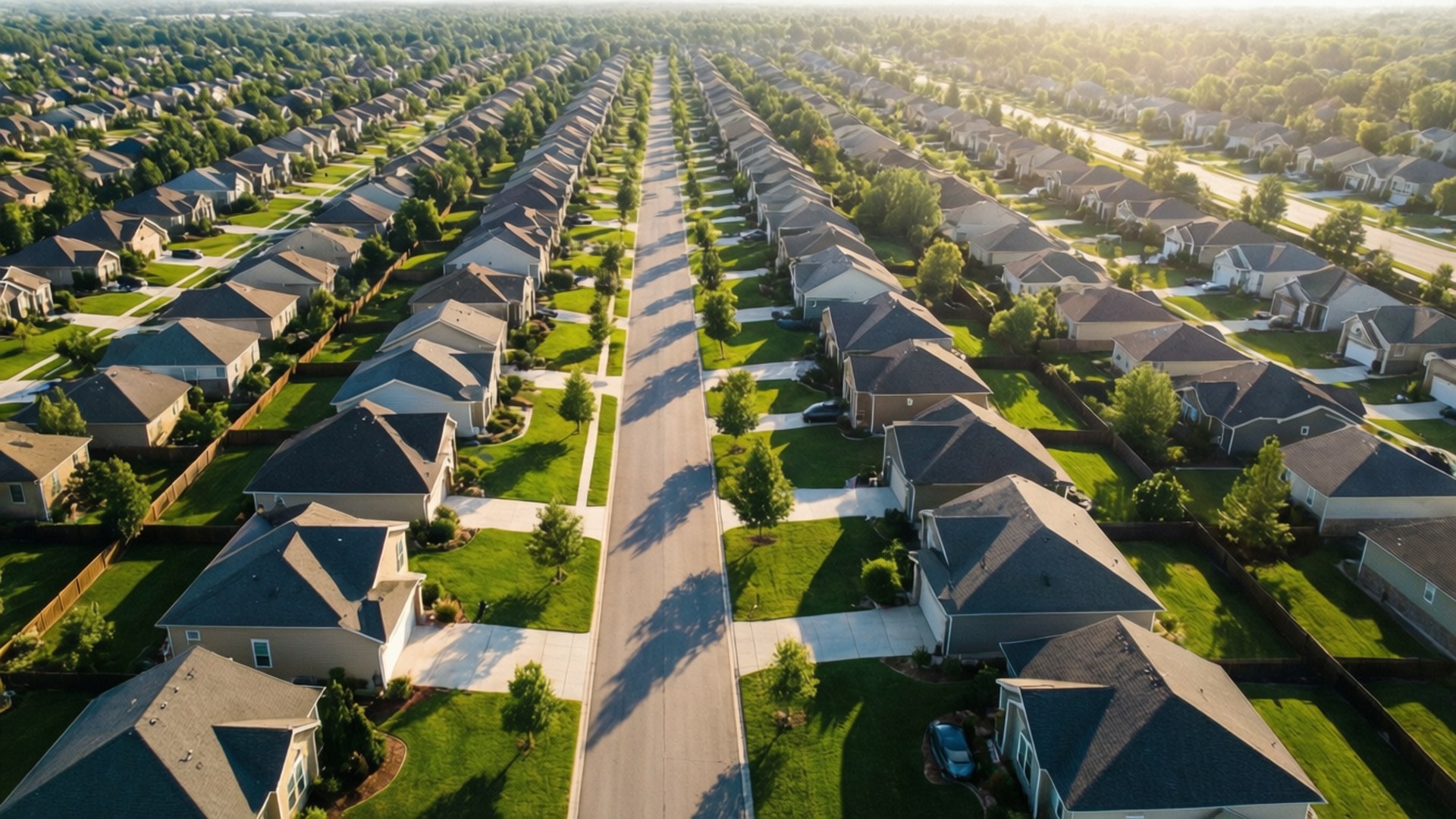 suburban neighborhood, rows of identical houses, central street, Full HD Desktop Wallpaper