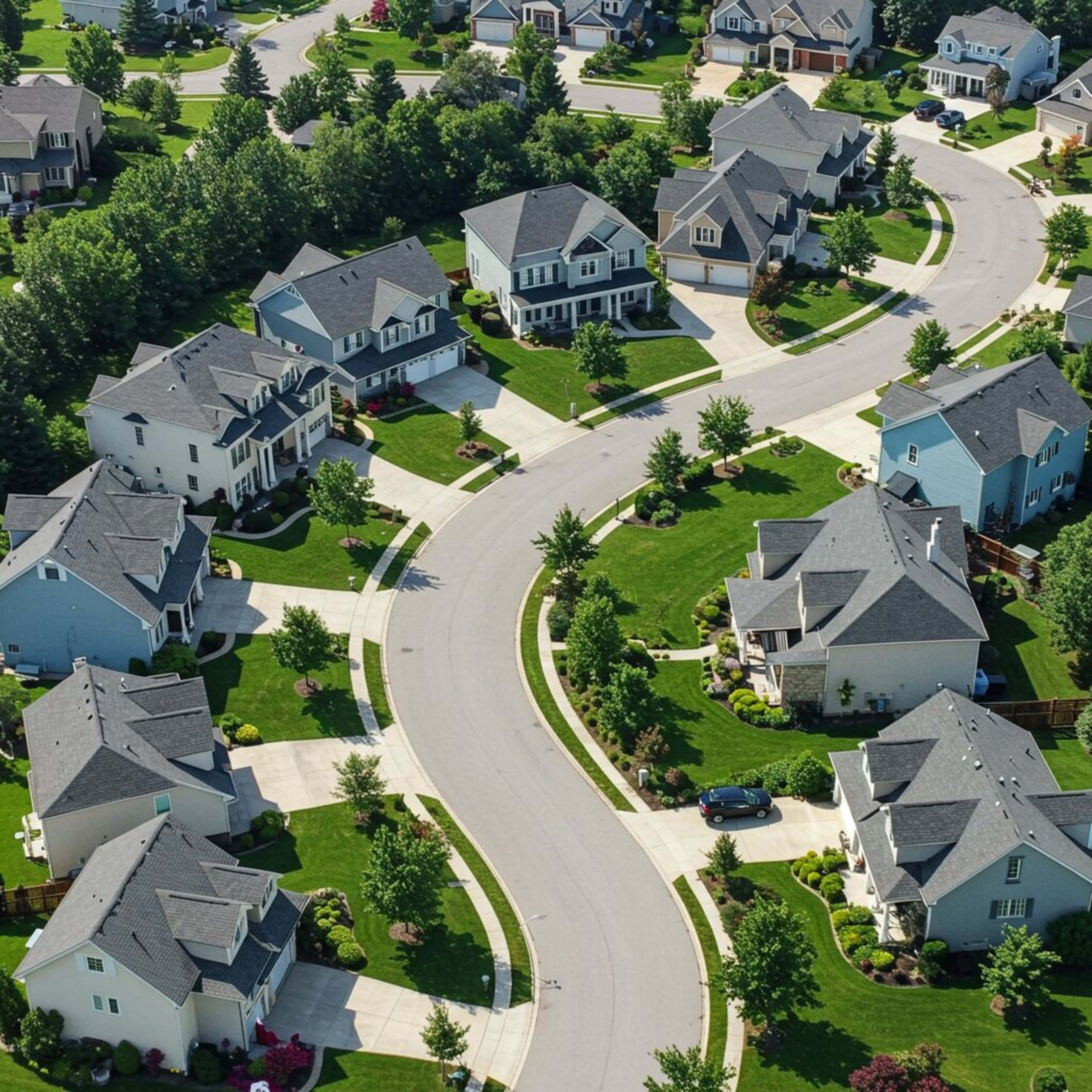 suburban neighborhood, winding roads, lush green lawns, 4K Desktop Wallpaper