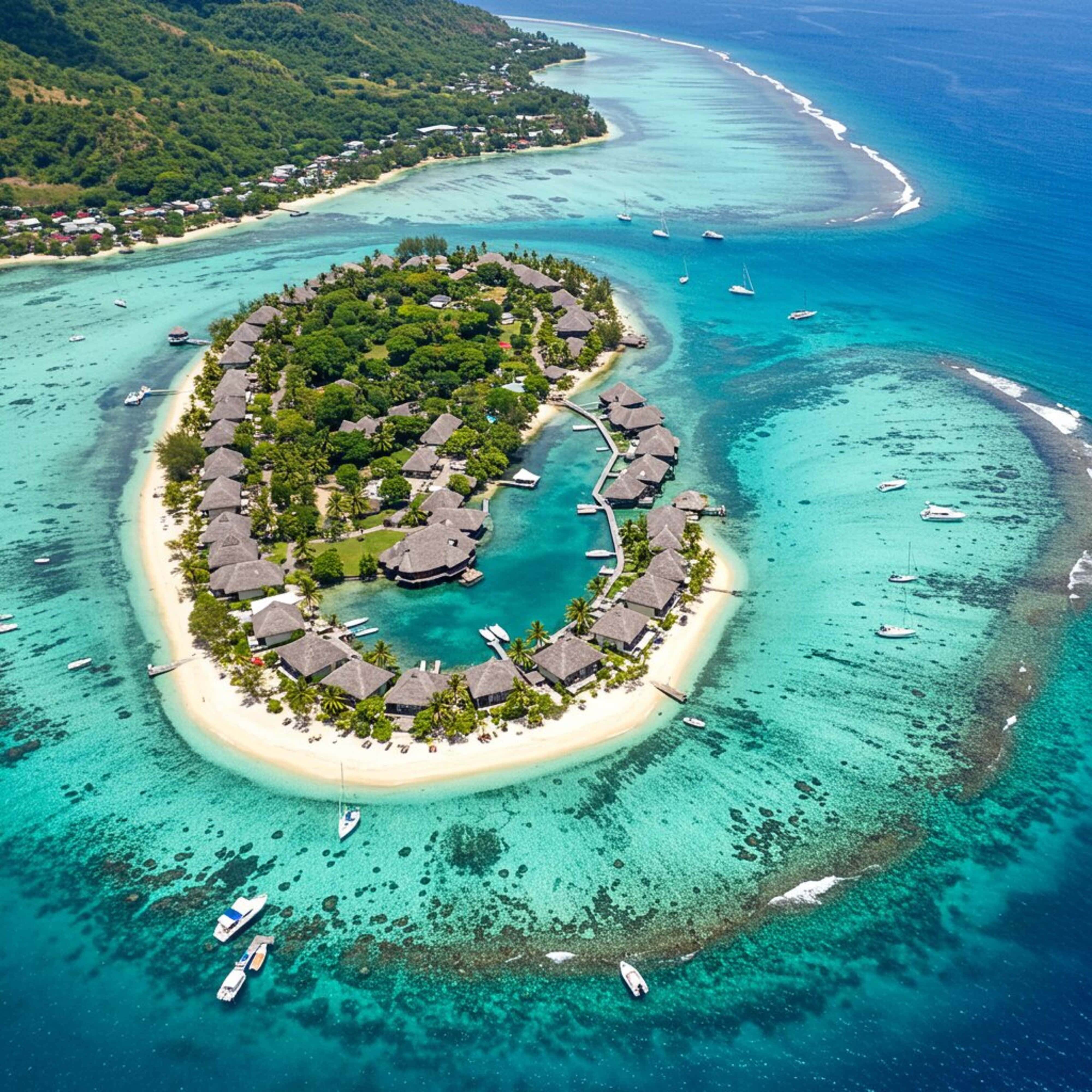 tropical island resort, thatched-roof bungalows, white sand, 4K Desktop Wallpaper