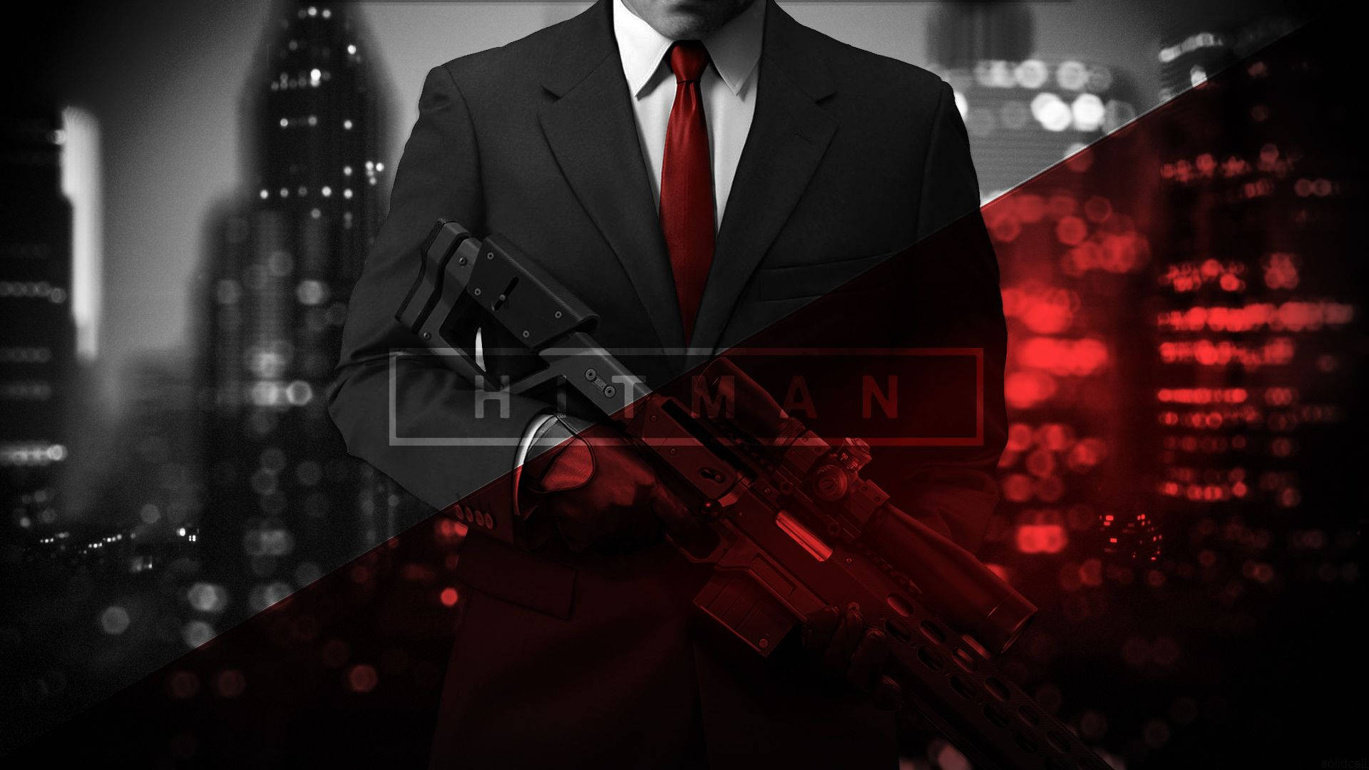 Real Hitman, HITMAN, black and red cityscape, Full HD Desktop Wallpaper