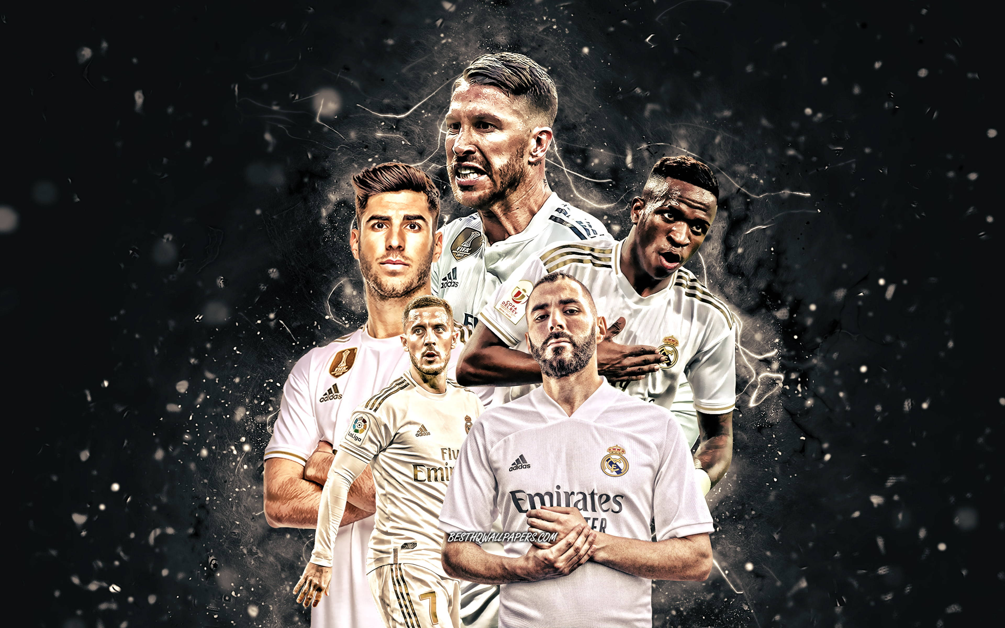 Real Madrid, white jerseys, dark particle-filled background, 4K Desktop Wallpaper