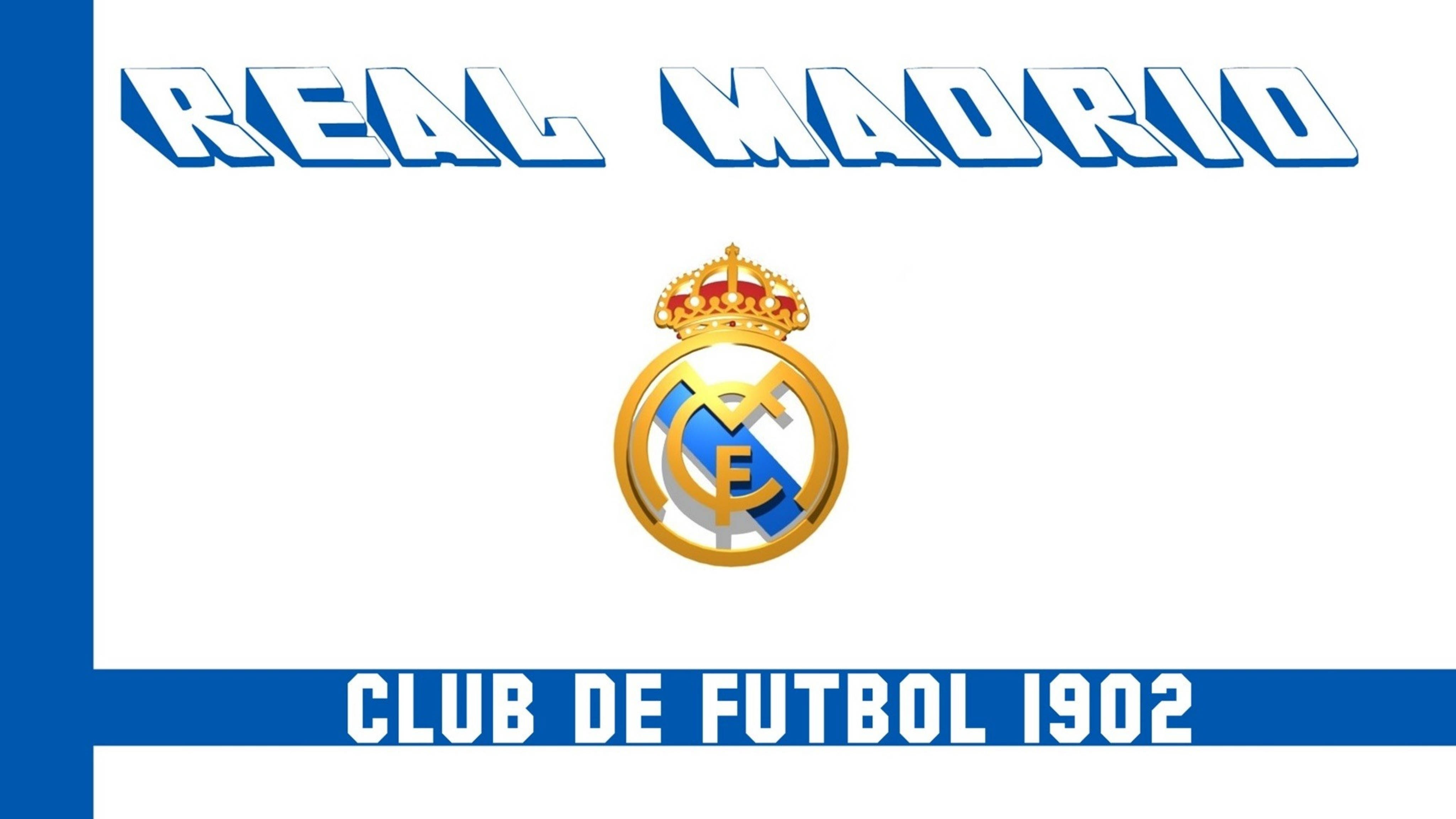 Real Madrid, blue and white, football club logo, 4K Desktop Wallpaper