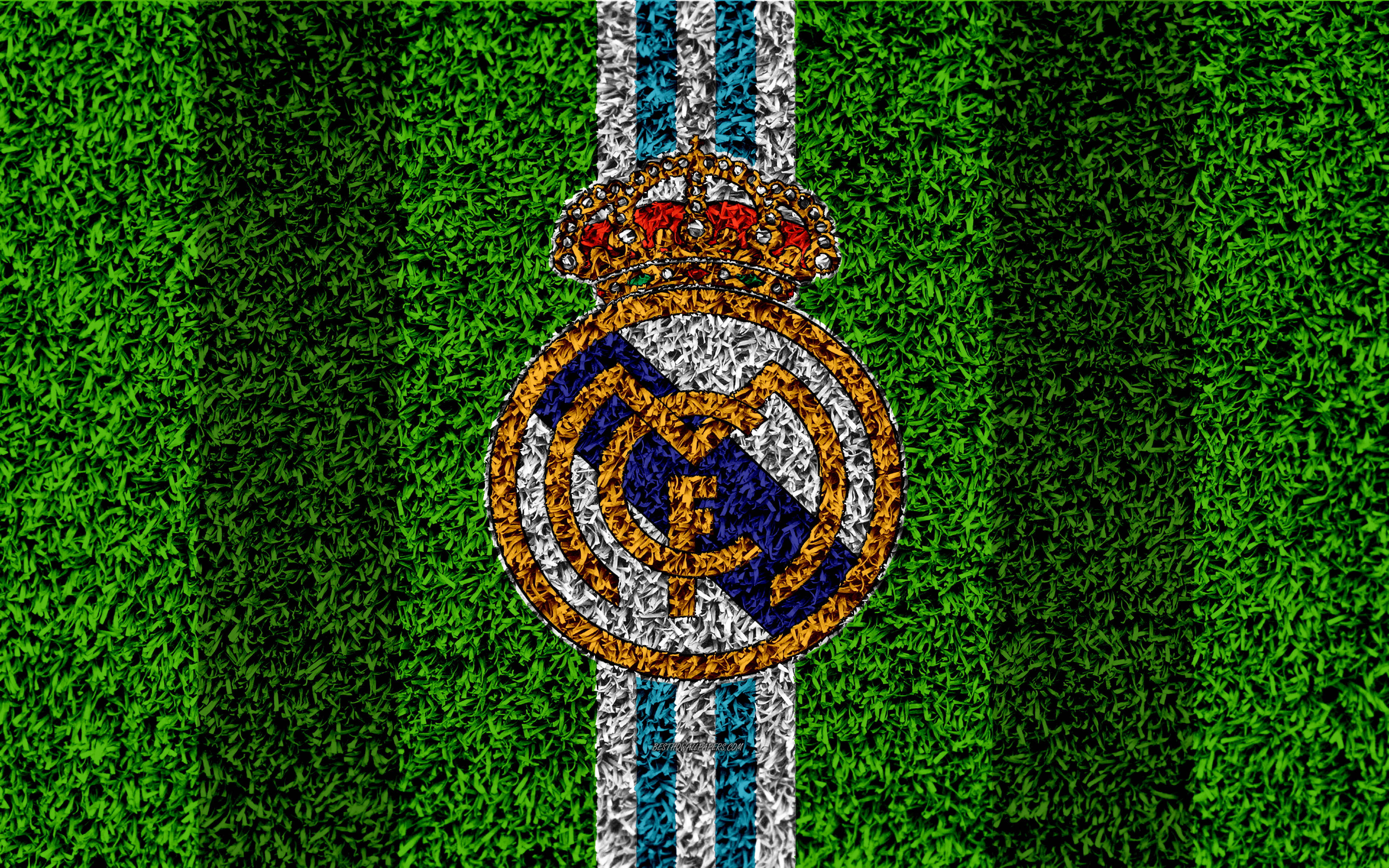 Real Madrid, vibrant green grass, blue and white stripes, 4K Desktop Wallpaper