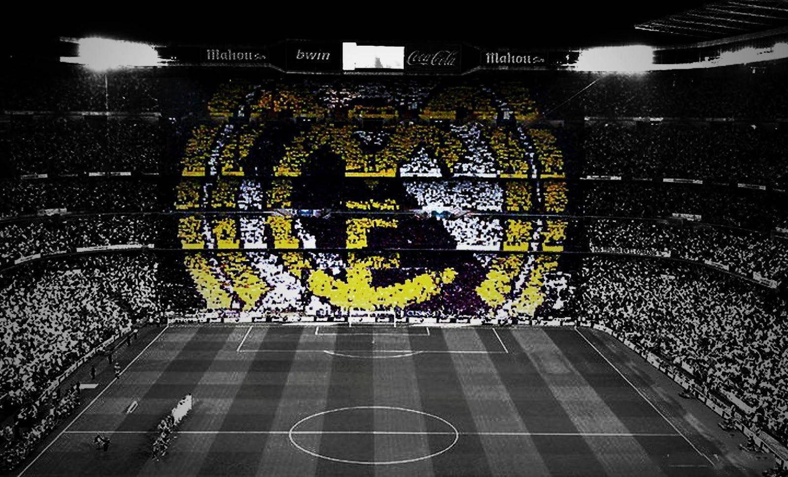 Real Madrid, yellow and white team logo, soccer stadium, HD Desktop Wallpaper