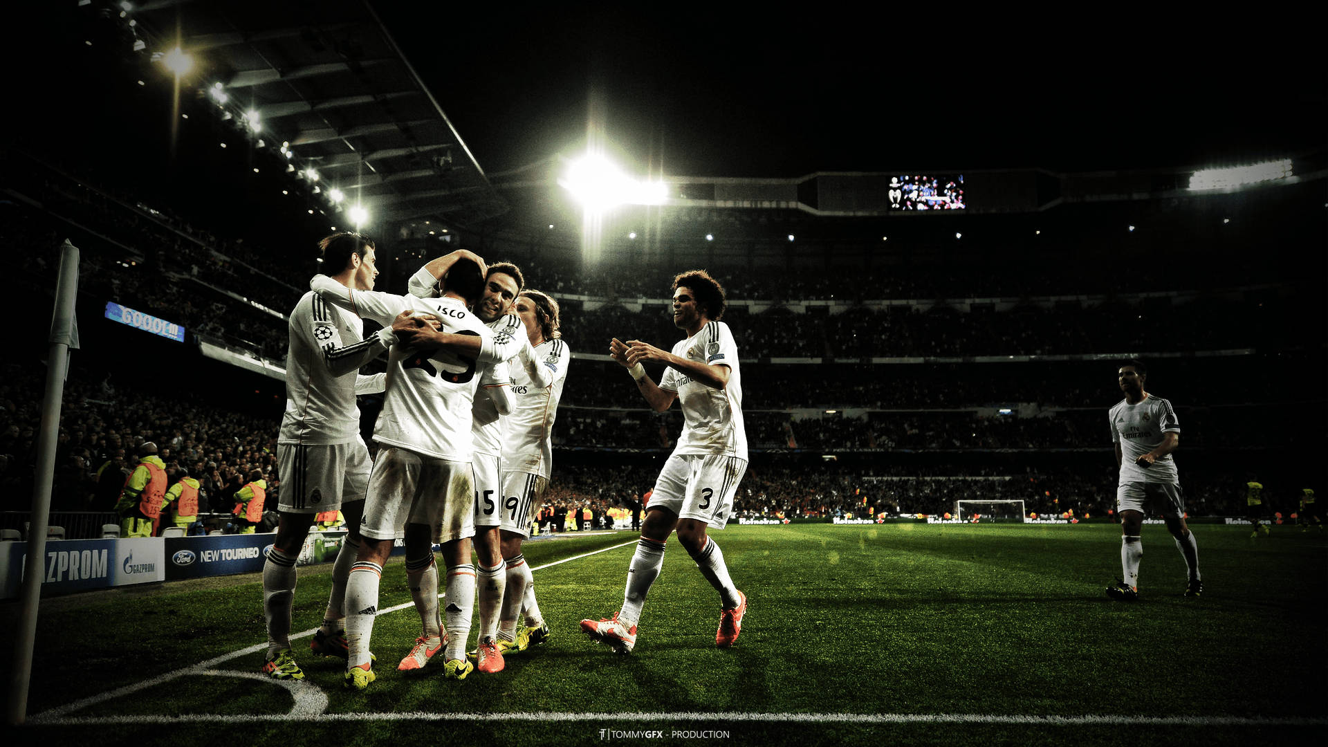 Real Madrid, white jerseys, stadium lights, Full HD Desktop Wallpaper