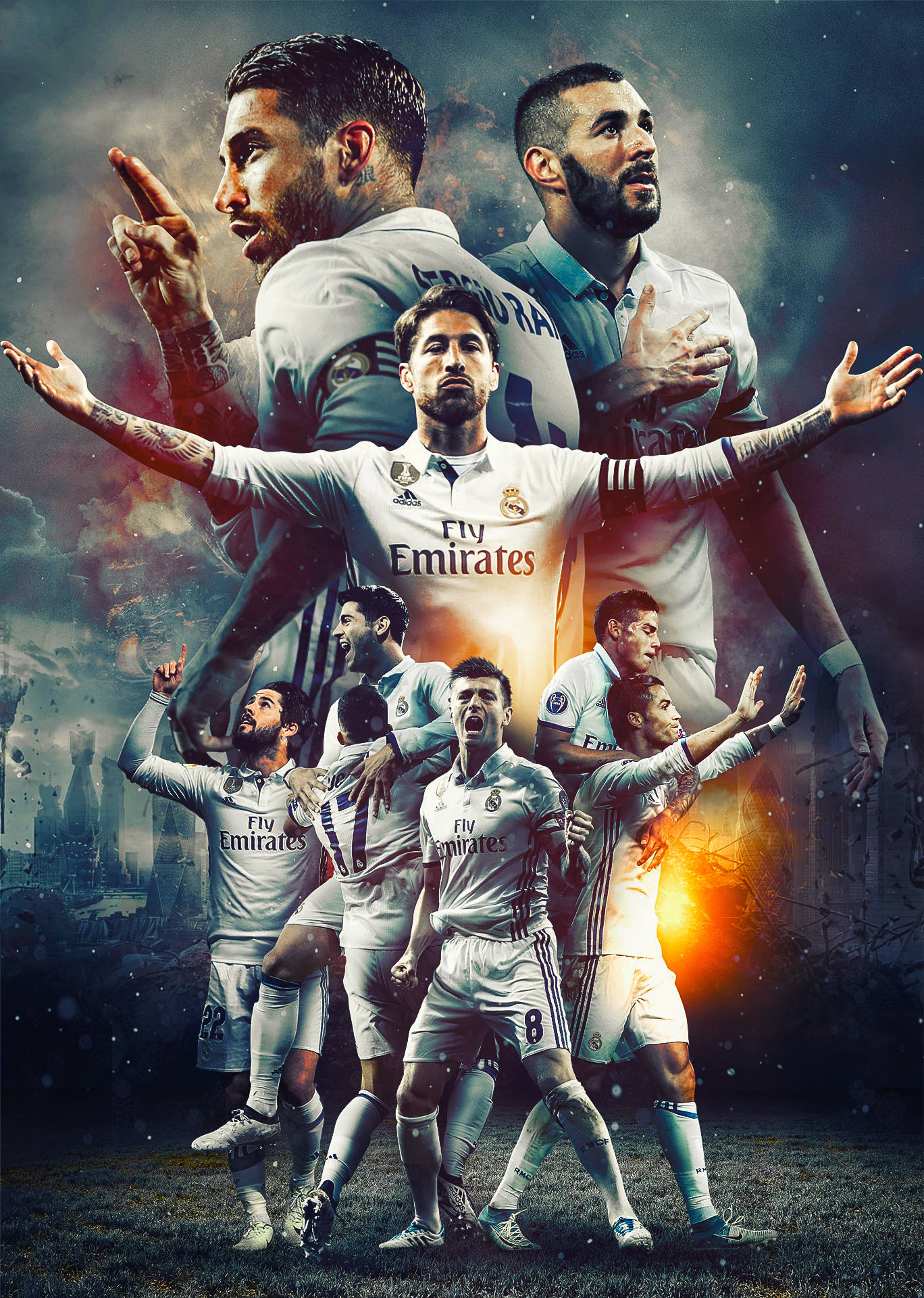 Real Madrid, white jerseys, stormy sky, Full HD Phone Wallpaper