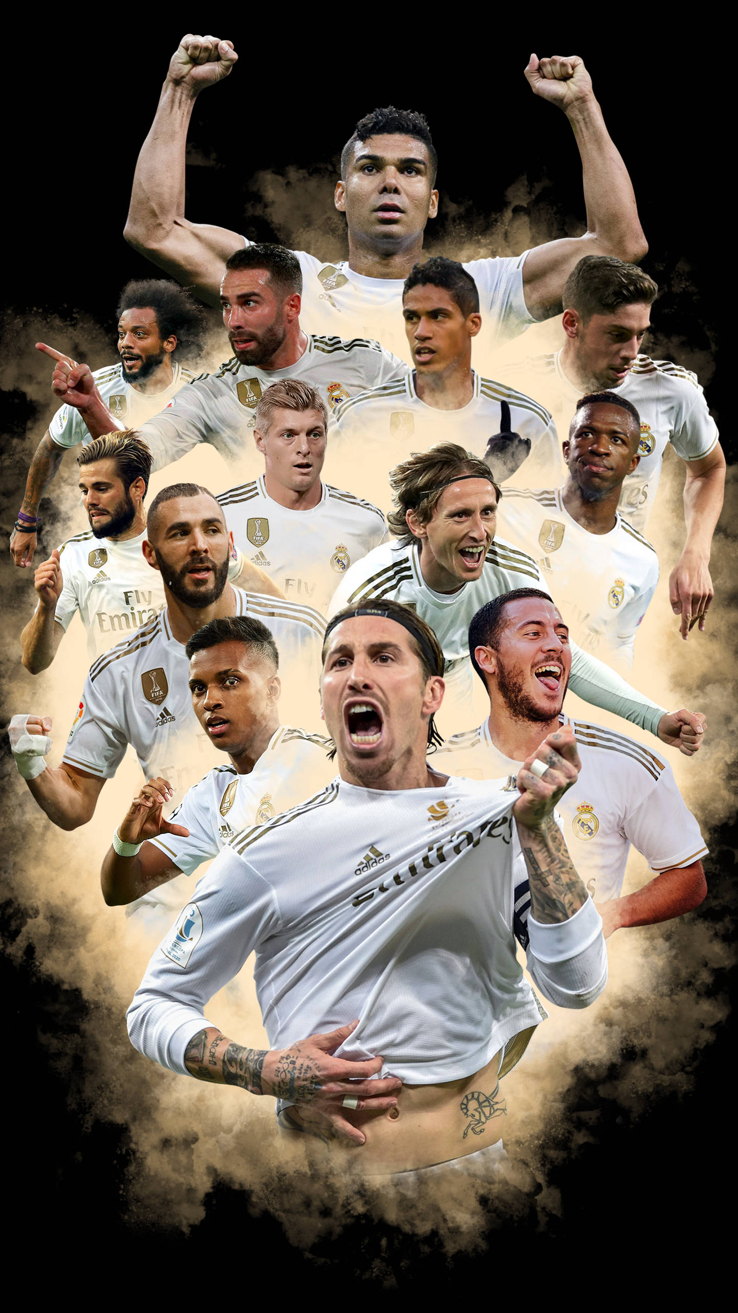 Real Madrid, white kits, smoky dark background, 2K Phone Wallpaper