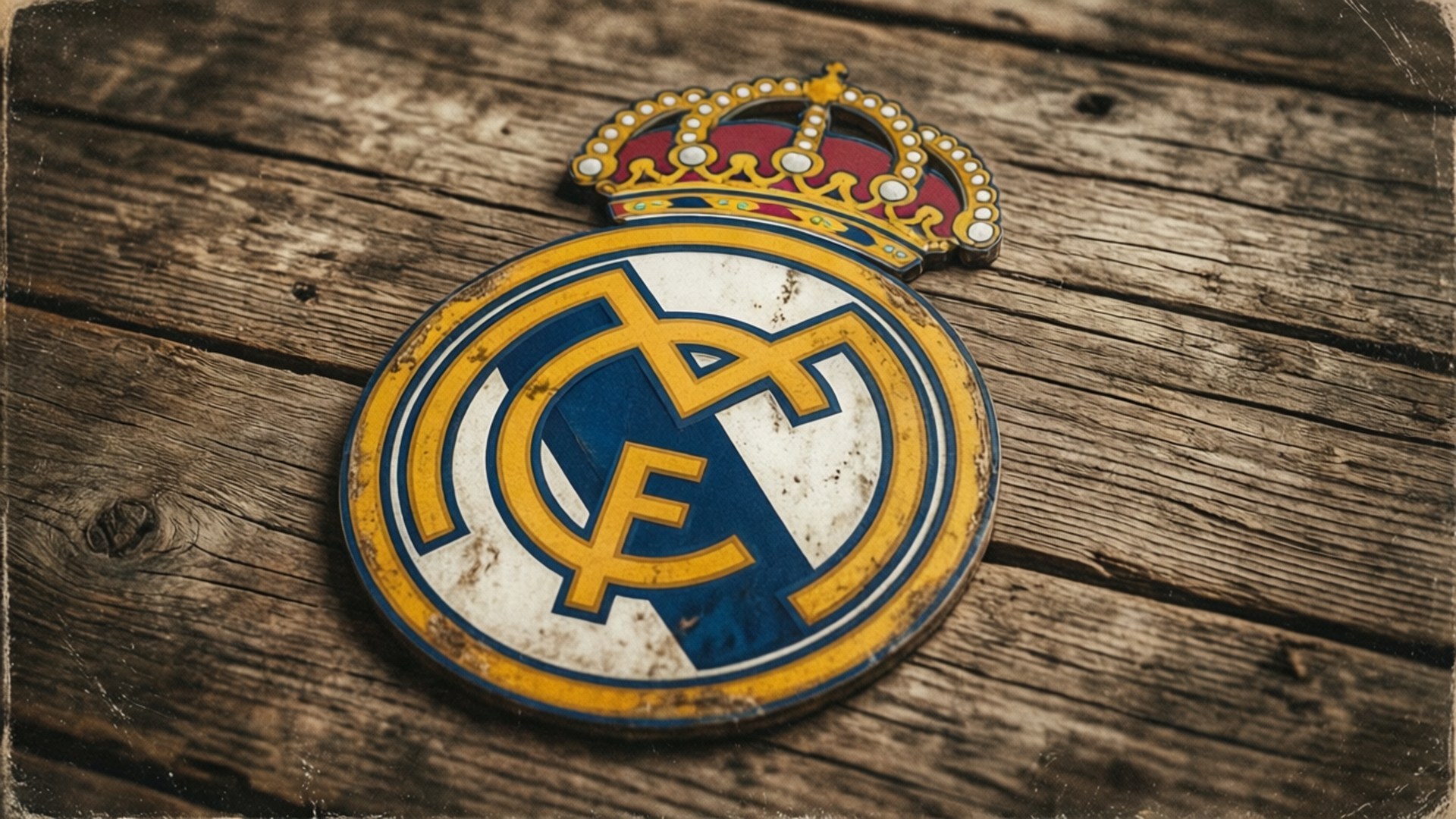 Real Madrid crest, crown, rustic wooden planks, Full HD Desktop Wallpaper