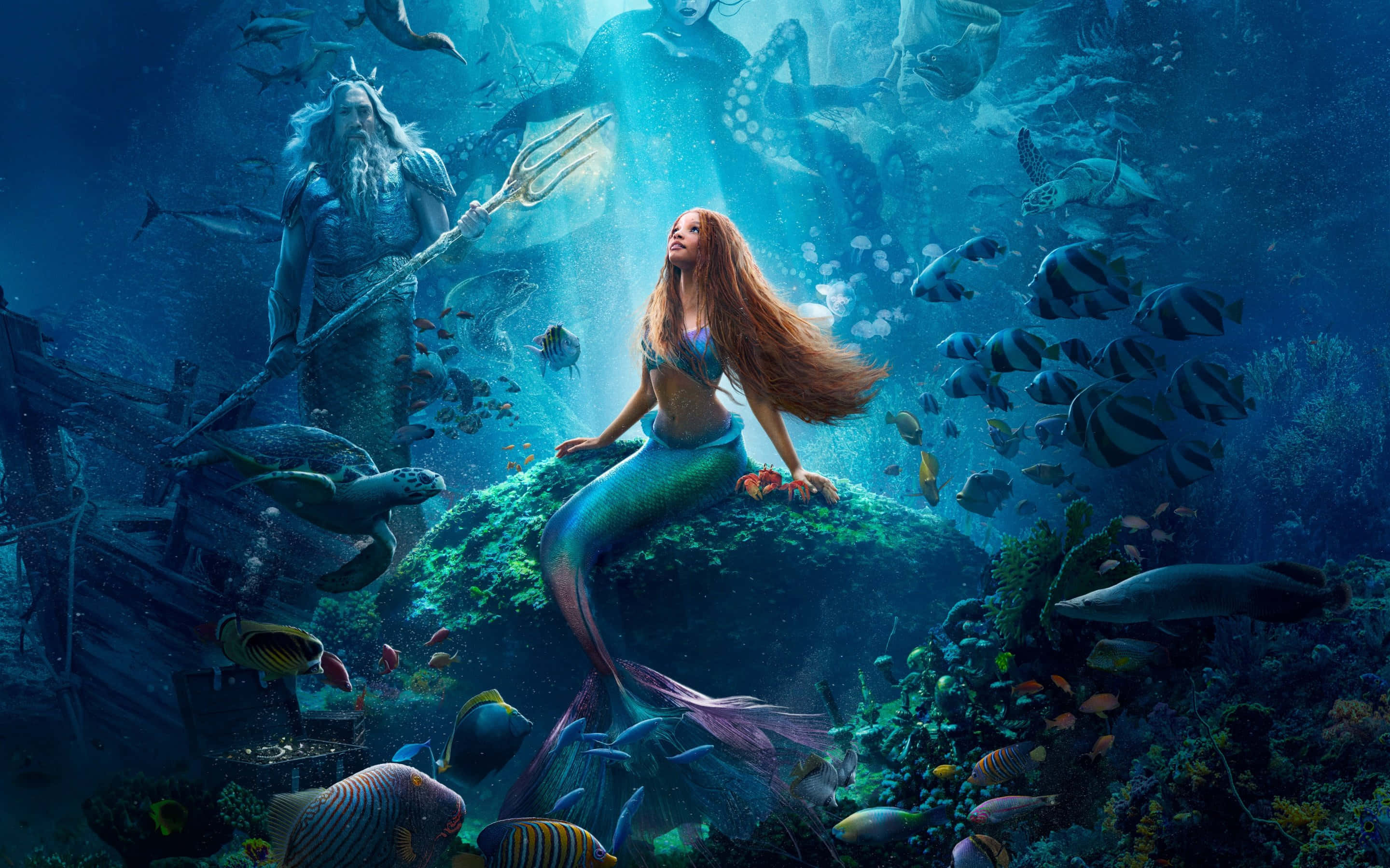 mermaid, coral reef, sea god, 2K Desktop Wallpaper