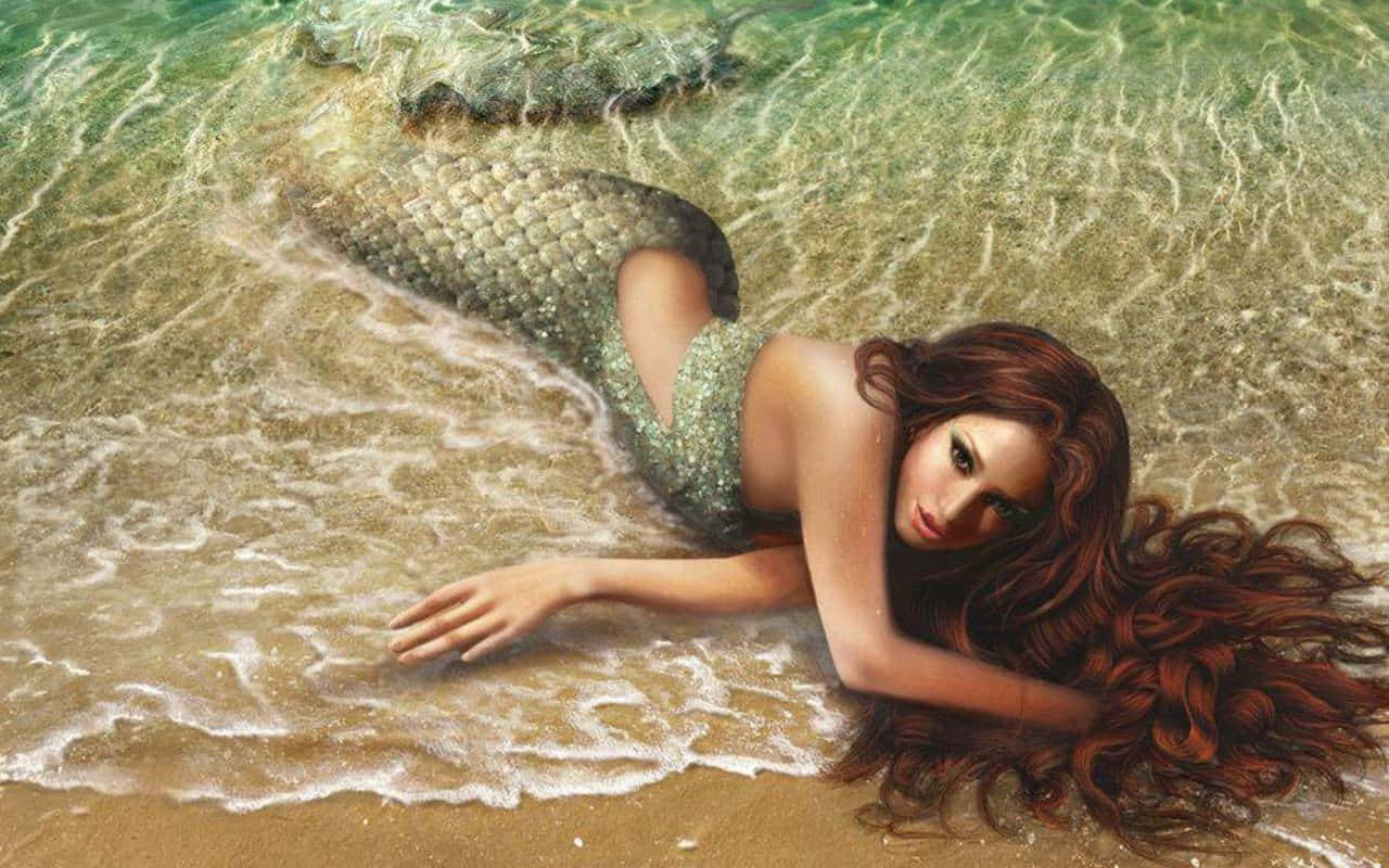 mermaid, long red hair, green scaled tail, HD Desktop Wallpaper