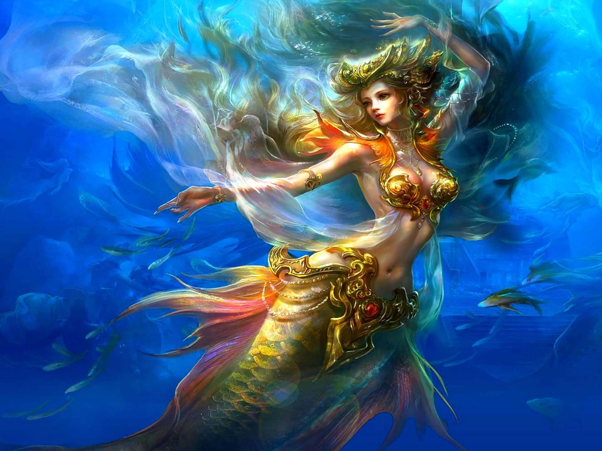 Real Mermaid, golden armor, flowing hair, Full HD Desktop Wallpaper