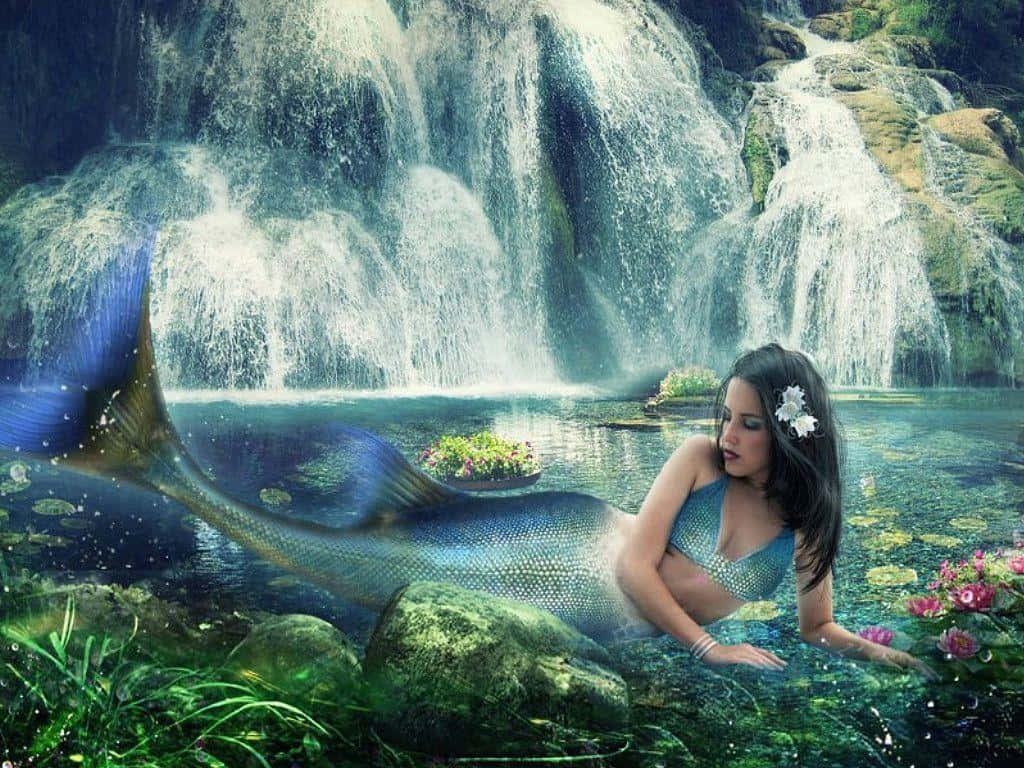 Real Mermaid, shimmering blue tail, cascading waterfall, SD Desktop Wallpaper