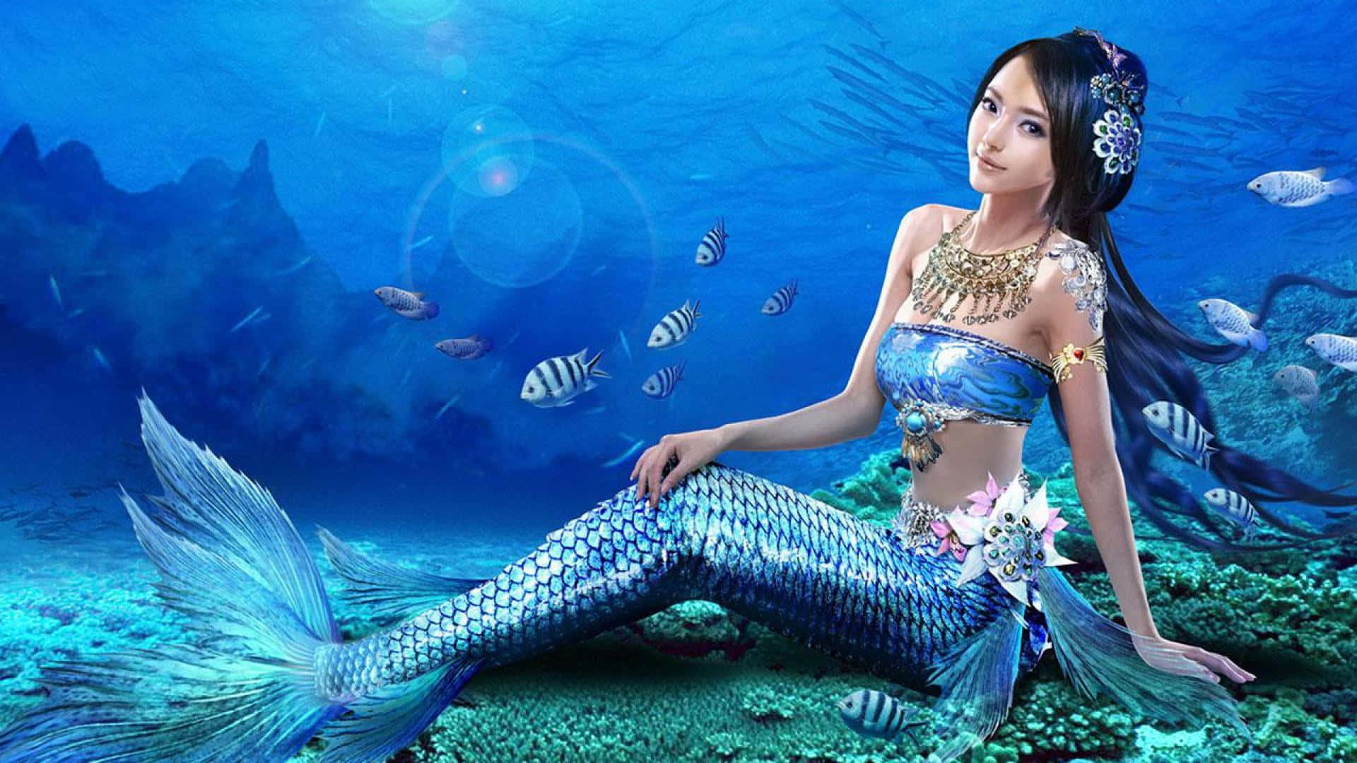 Real Mermaid, shimmering blue tail, coral reef, Full HD Desktop Wallpaper