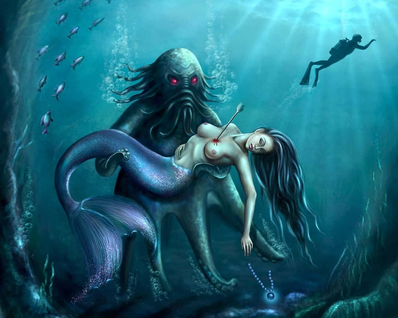 Real Mermaid, purple tail, red-eyed octopus, HD Desktop Wallpaper