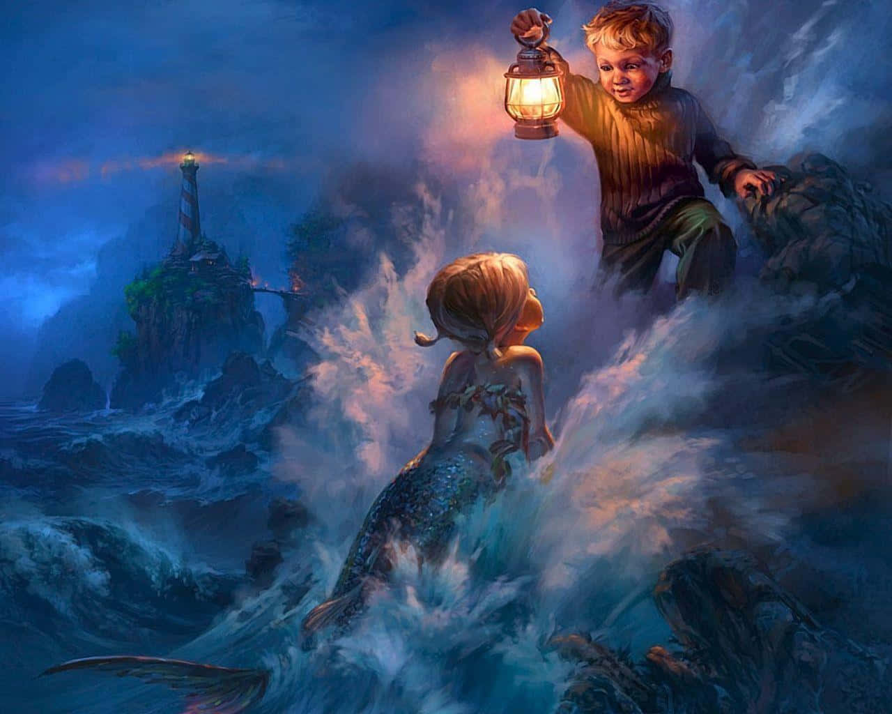 real mermaid, glowing lantern, stormy ocean waves, HD Desktop Wallpaper