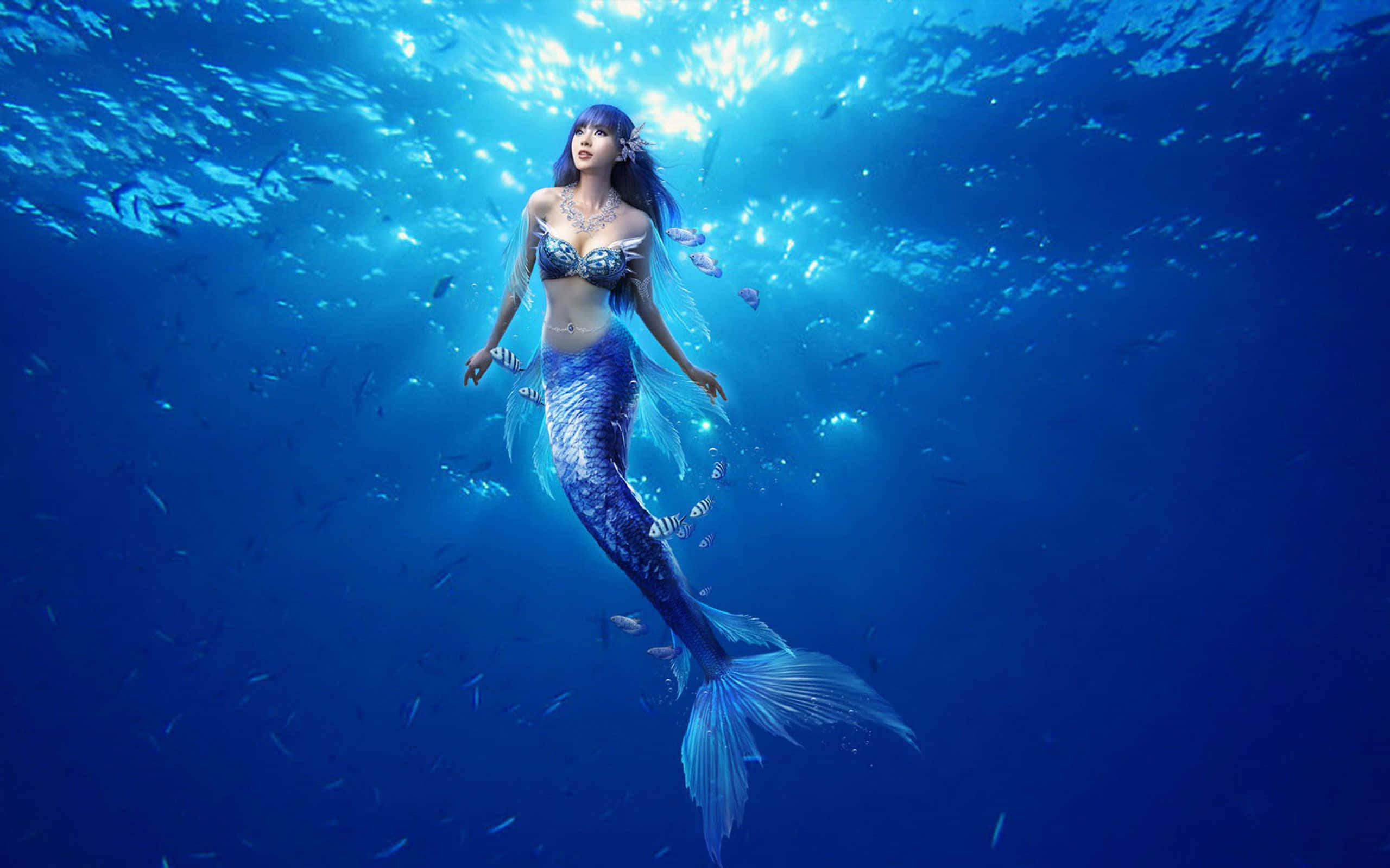 Real Mermaid, blue hair, shimmering tail, 2K Desktop Wallpaper