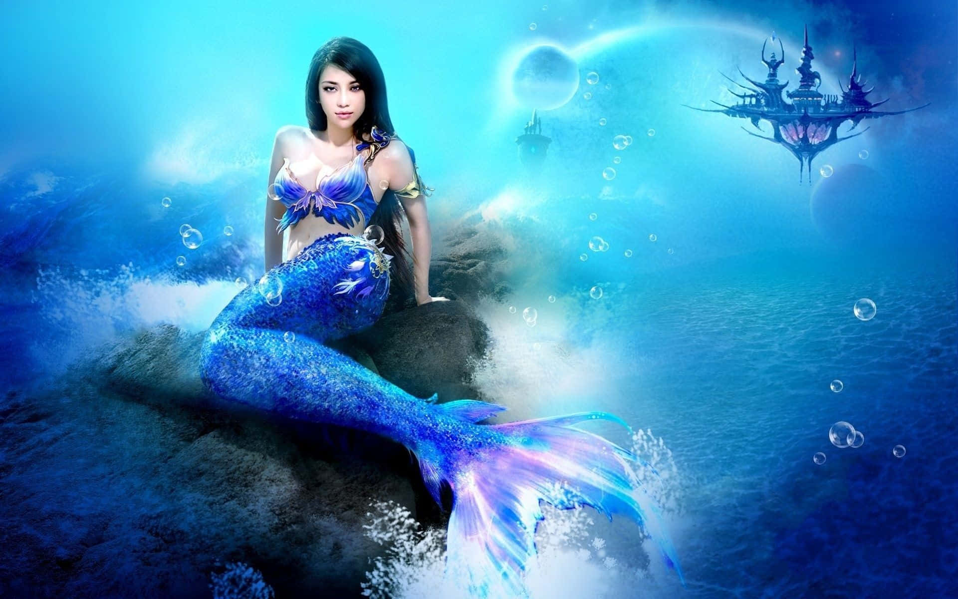 Real Mermaid, blue tail, mystical underwater realm, Full HD Desktop Wallpaper