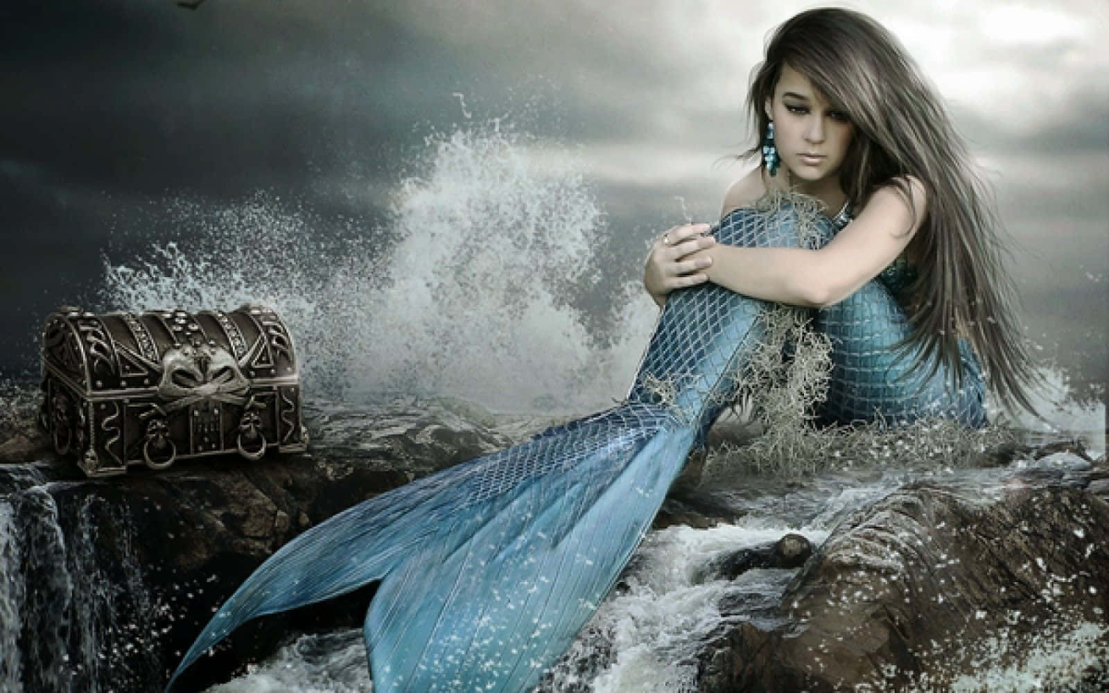 Real Mermaid, blue scaled tail, stormy rocks, HD Desktop Wallpaper