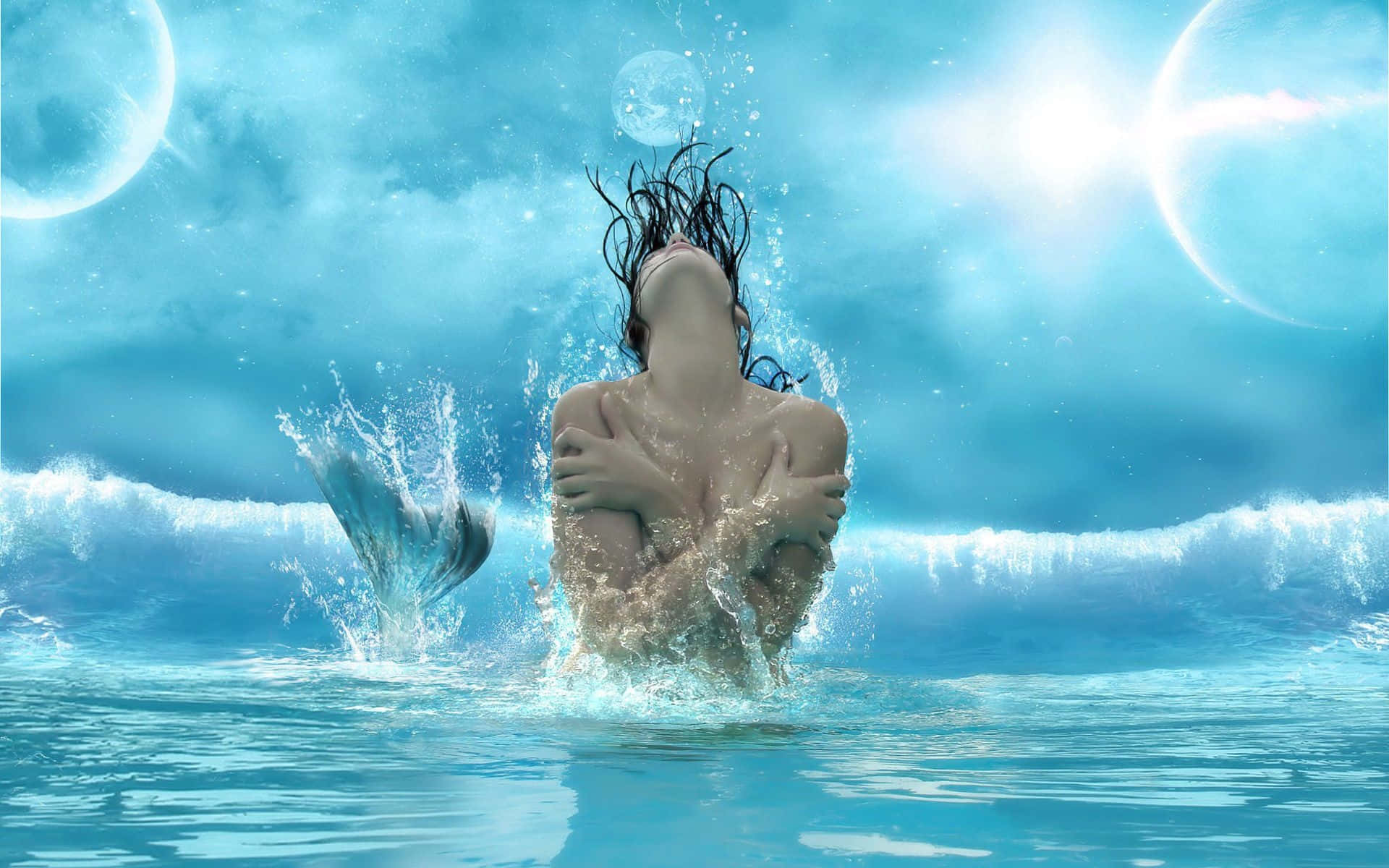 Real Mermaid, dolphin, turquoise water, Full HD Desktop Wallpaper