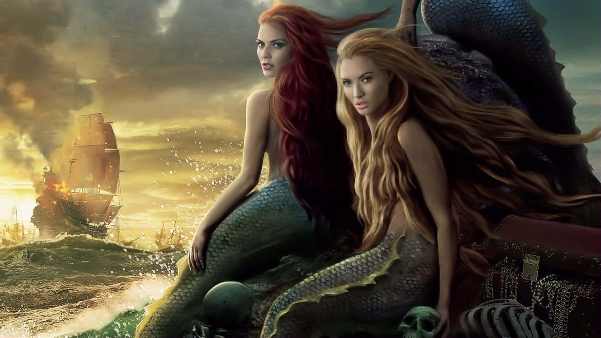 mermaid, treasure chest, burning ship, Full HD Desktop Wallpaper