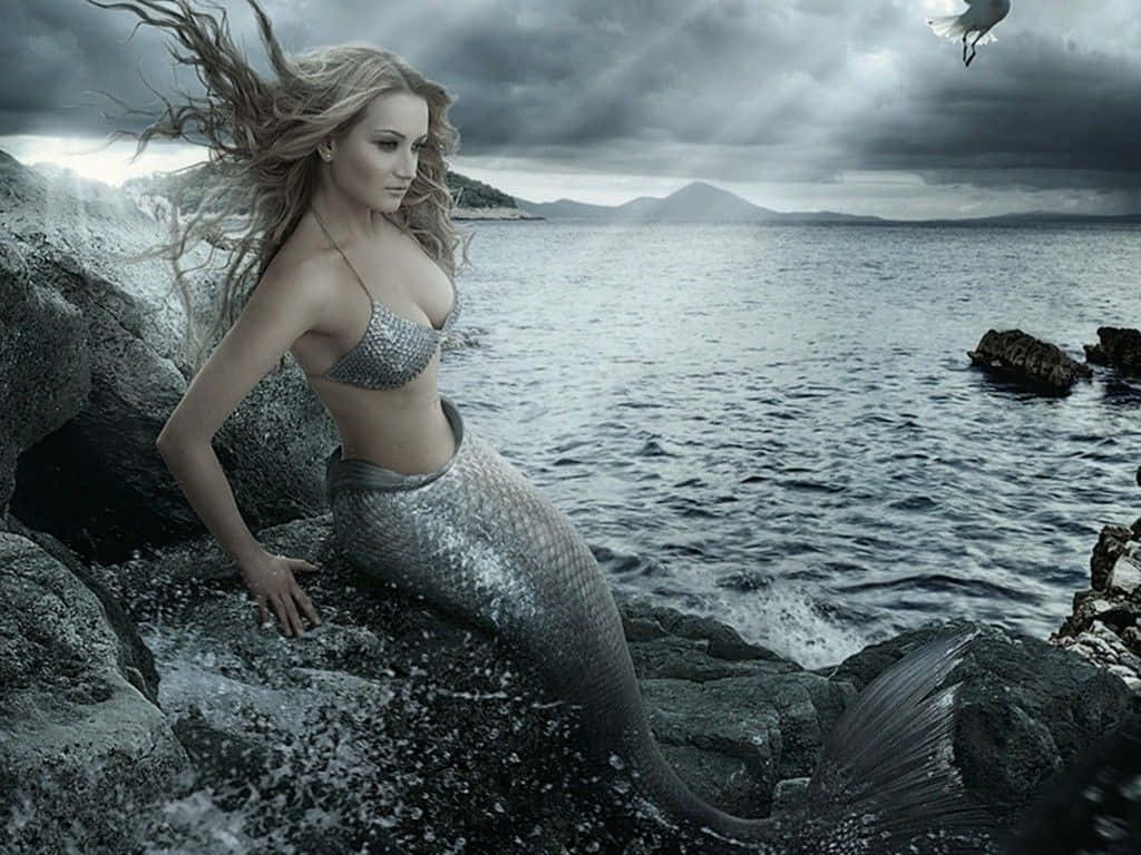 real mermaid, silver scales, flowing blonde hair, SD Desktop Wallpaper