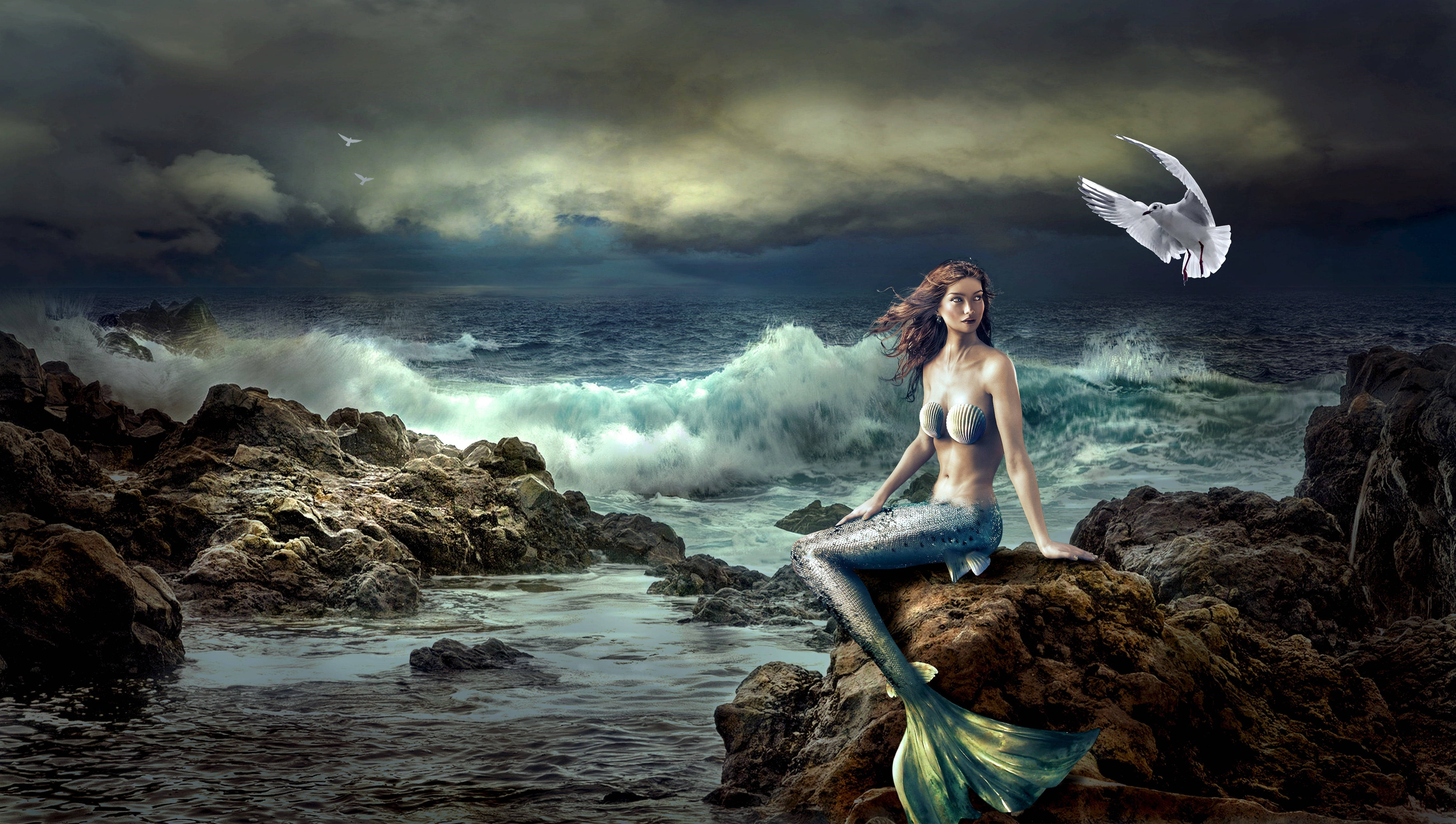 mermaid, shimmering blue tail, stormy ocean rocks, 4K Desktop Wallpaper