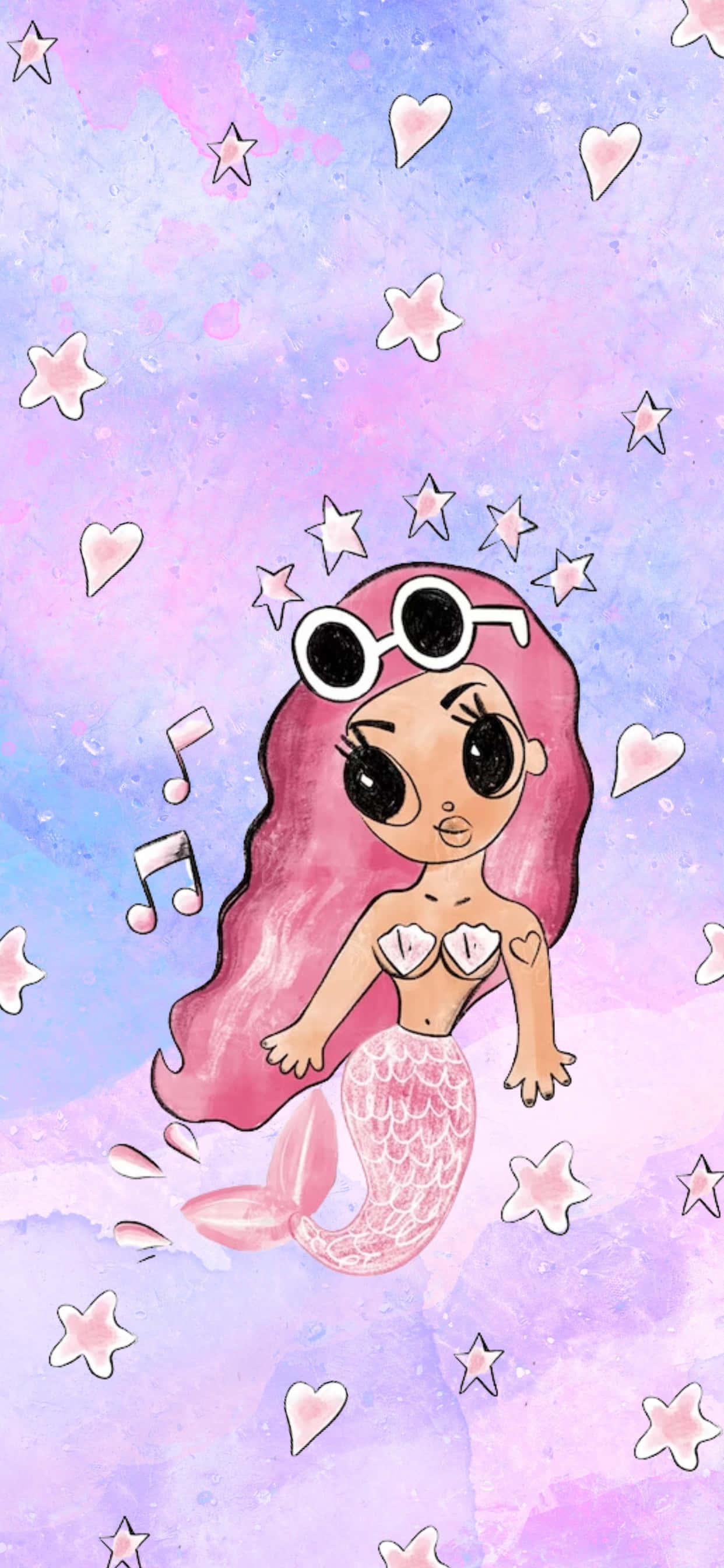 pink-haired mermaid, sunglasses, dreamy pastel sky, 2K Phone Wallpaper