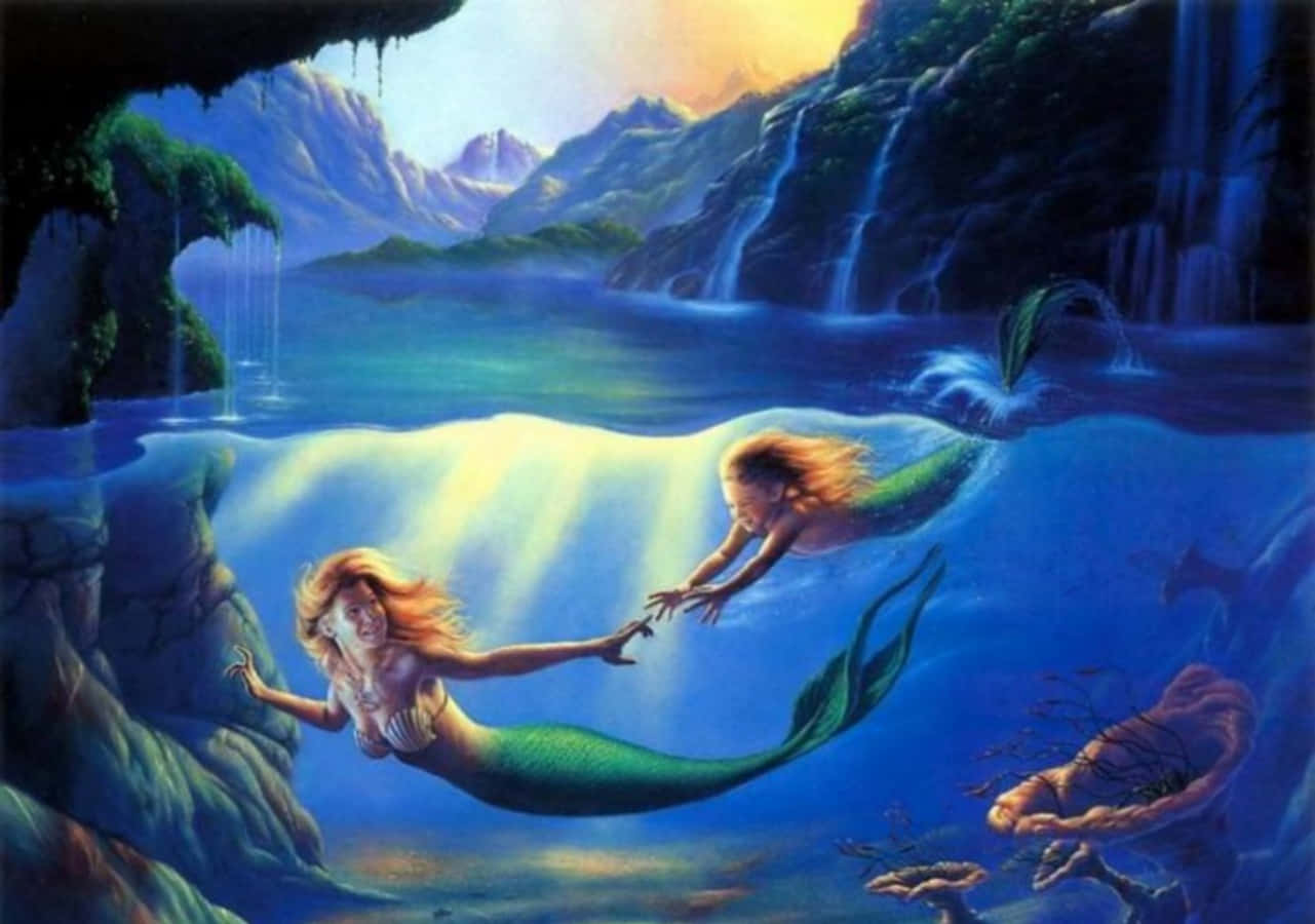 Beautiful Mermaid Mom And Daughter, glowing waterfall, underwater, HD Desktop Wallpaper