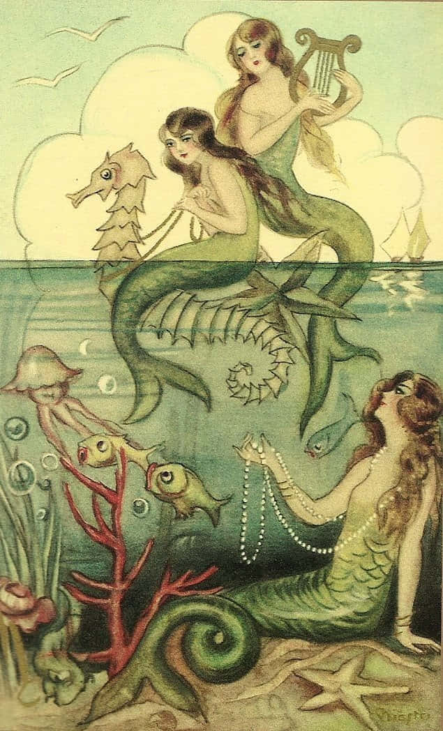 vintage art style, ocean waters, seahorse, SD Phone Wallpaper