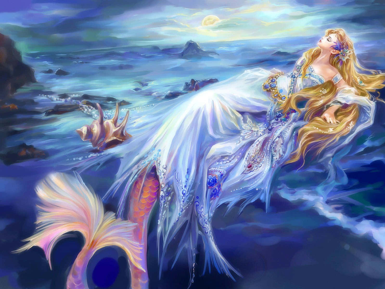 Beautiful Divine Mermaid, golden hair, shimmering white gown, HD Desktop Wallpaper
