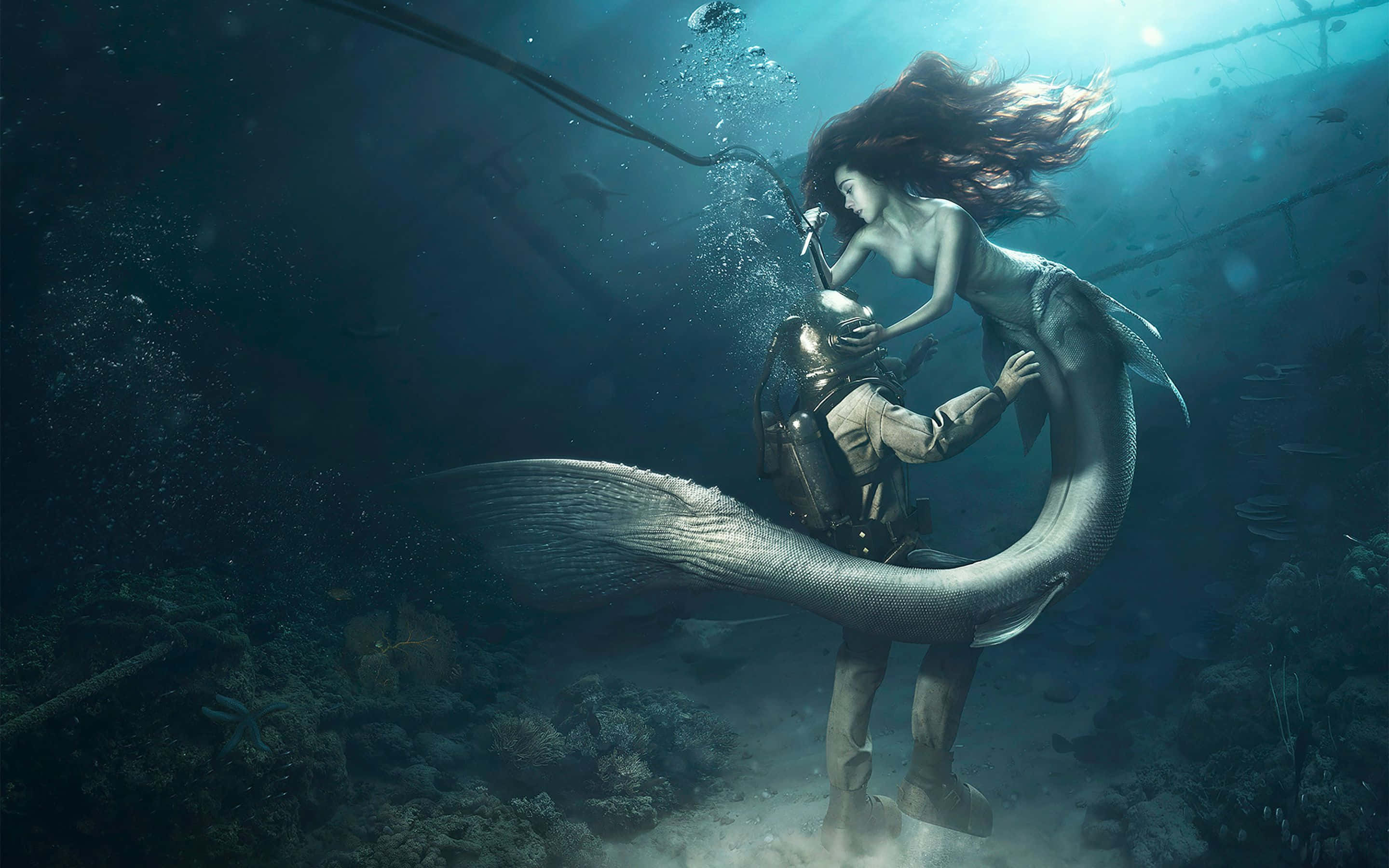 Real Mermaid, mermaid, diver's helmet, 2K Desktop Wallpaper