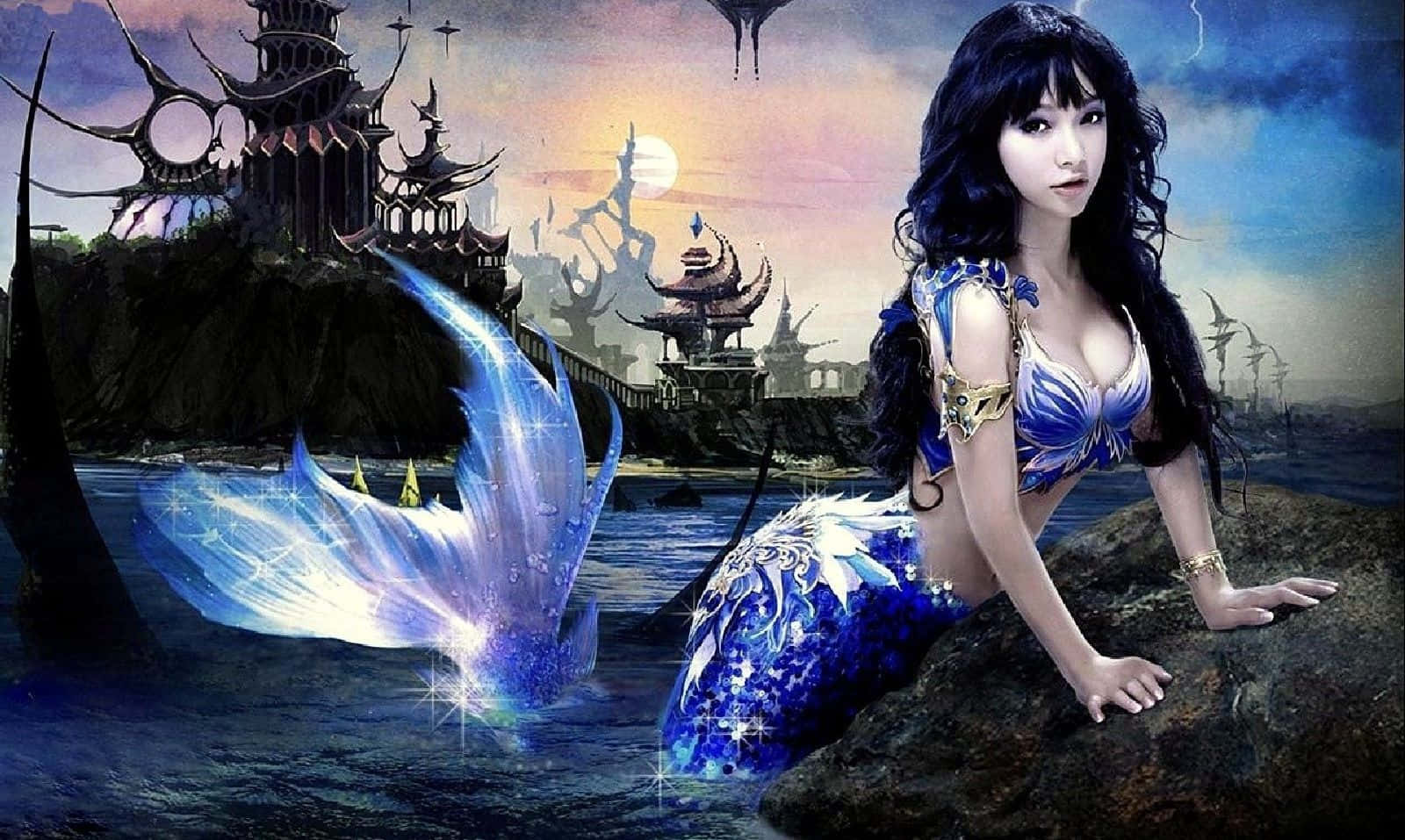 Beautiful Mermaid Warrior, blue mermaid, glowing tail, HD Desktop Wallpaper